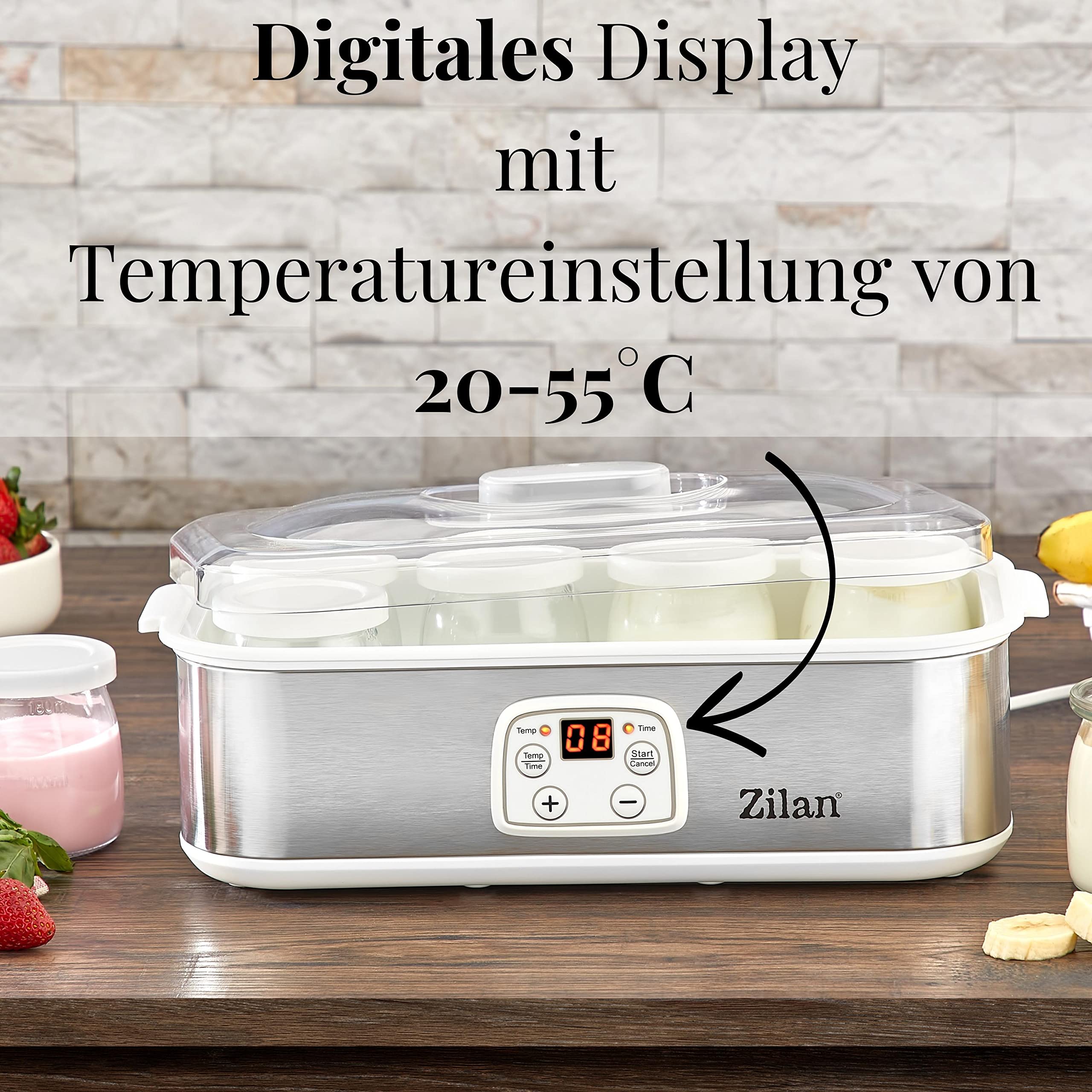 Zilan Joghurt Maker Joghurtmaschine 1,44 Liter 8 Glasflaschen á 180 ml Digitales Display Temperatureinstellung von 20-55°C Joghurtbereiter Joghurtaufbereiter, Weiß