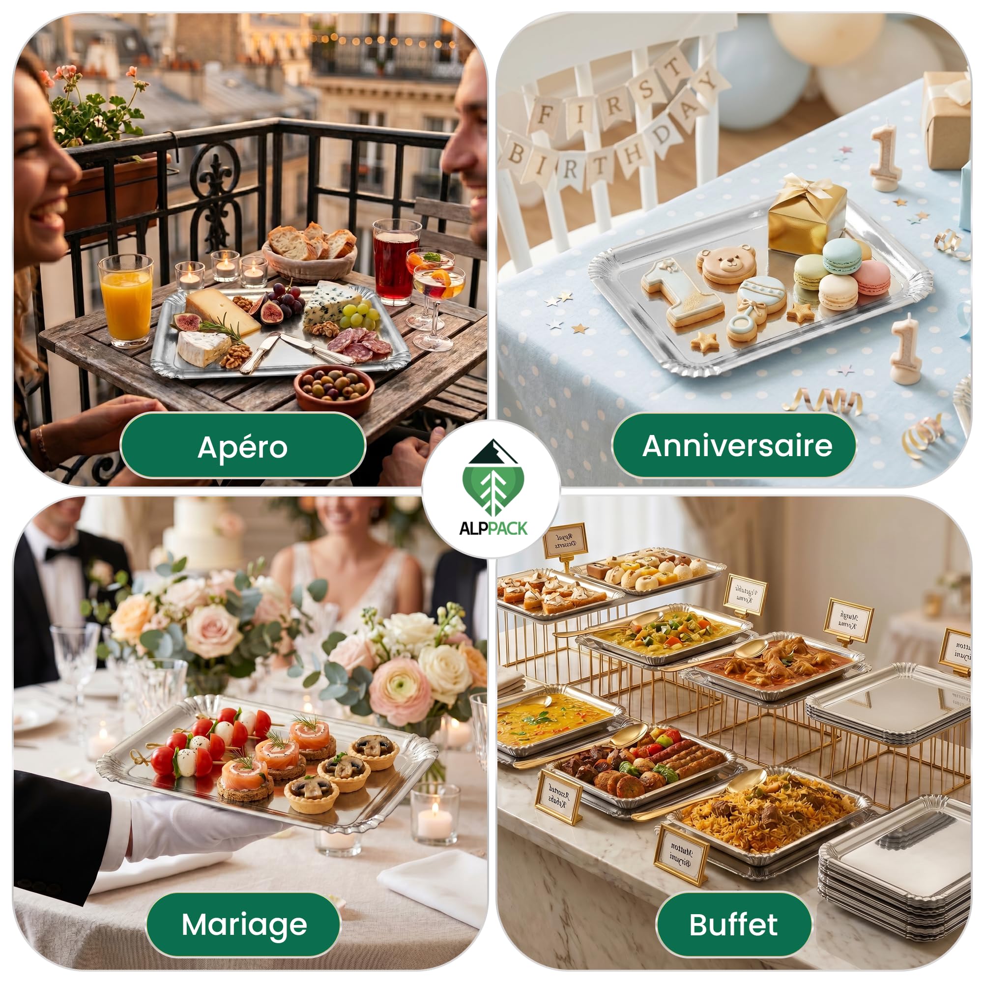 Bandeja de servicio de cartón grueso plateado 28 × 19 cm – Lote de 100 Bandejas desechables profesionales – Expositor Aperitivo Buffet – Bandeja desechable para buffet, boda, recepción y evento