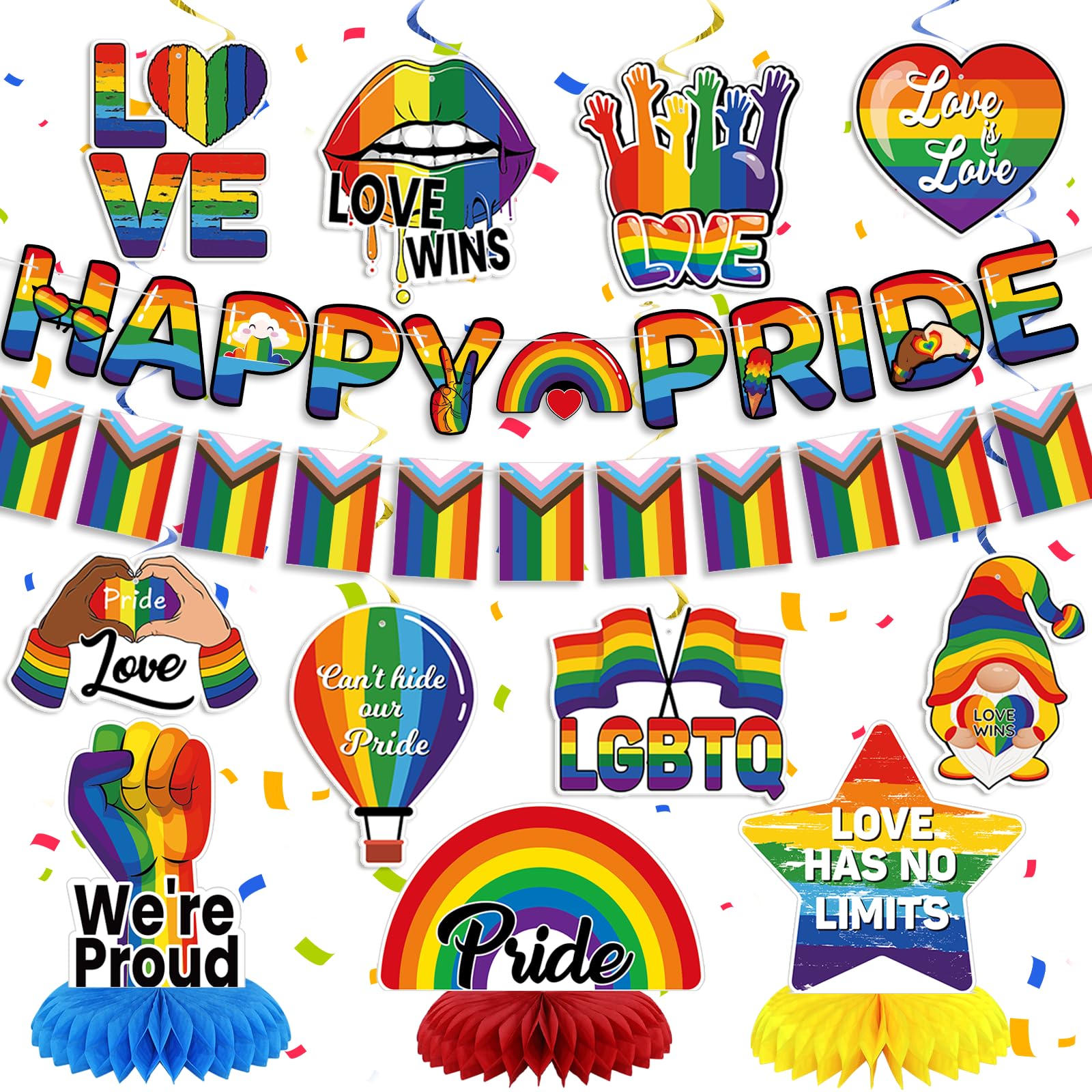 Pride Decorations,Gay Pride Decorations,Rainbow LGBTQ Supplies,Happy Pride Day Banner Hanging Swirls and Centerpieces for Pride Month Party Day
