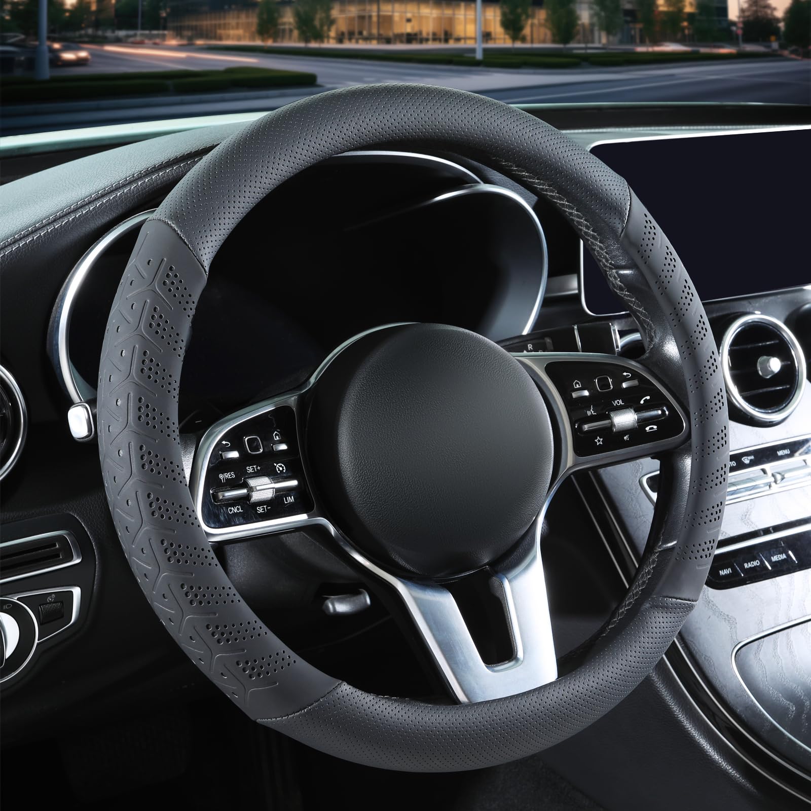 Binsheo 3D Premium Skin-Feel Leather Car Steering Wheel Cover, Anti-Slip Breathable Soft Slim Design, Universal 15 inch, Black