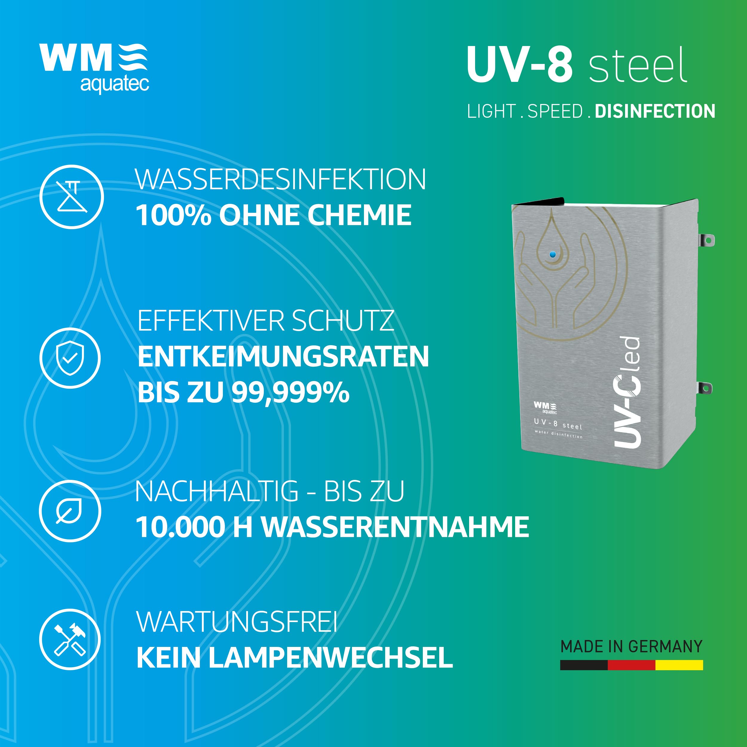 Acero UV-8 - Tratamiento de agua sin productos químicos - Con sensor de flujo - Carcasa de acero inoxidable resistente - Agua limpia y pura para camping, barcos y camiones de comida - Plug and