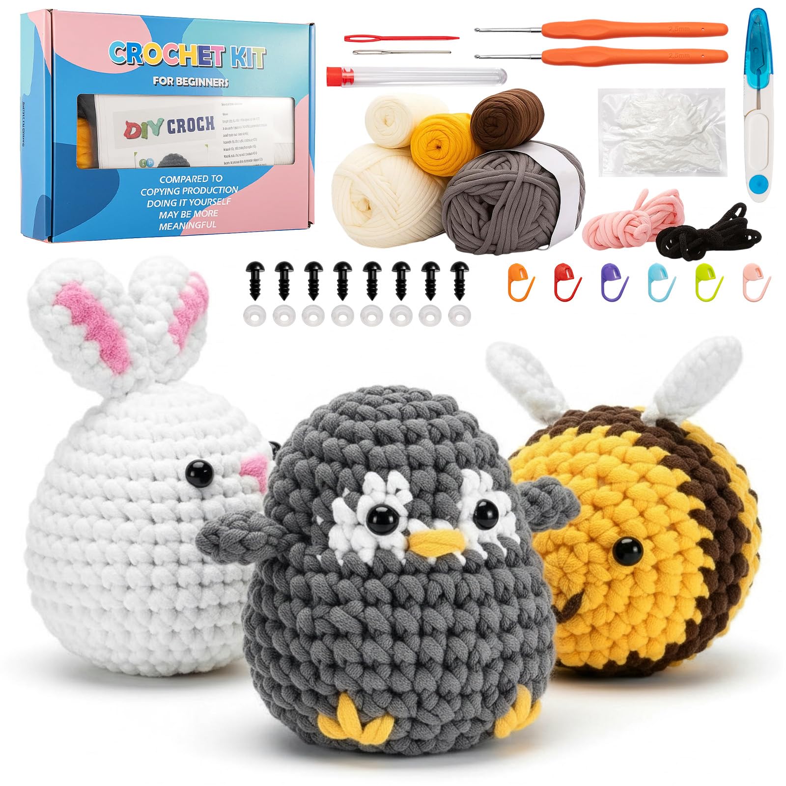 ANYVOYAGE Crochet Kit for Beginners: Complete Starter Kit with Step-by-Step Video Tutorials to Make Penguin, Bee & Bunny - Perfect Crochet Kit for Adults and Teens