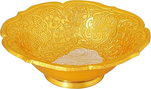 Miniatura 6 de SATVIK - Juego de 1 tazón de fuente para servir en relieve con diseño de flores de loto bañadas en oro y plata, con cuchara, para Navidad,