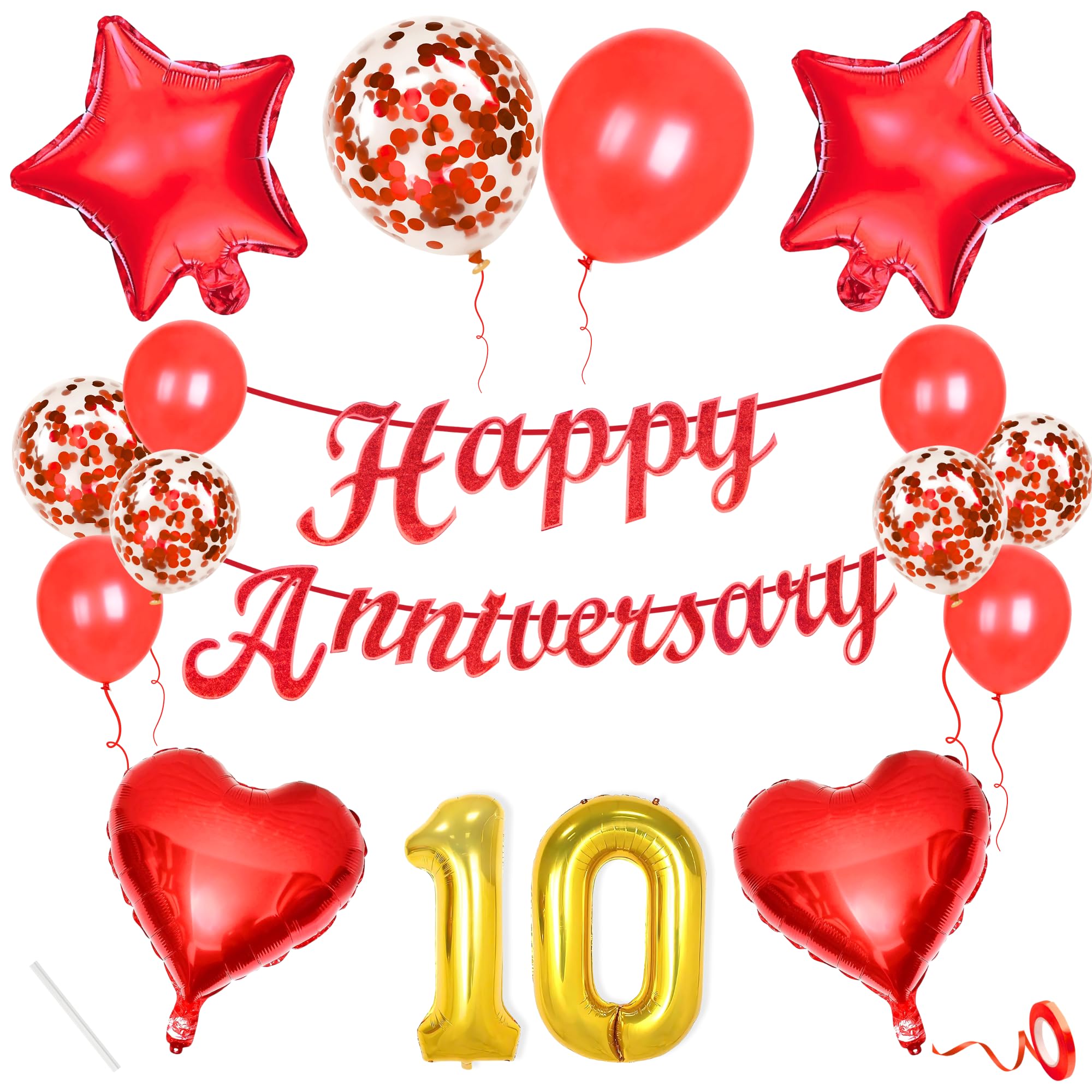 10th Anniversary Decoration Items Red for Men Women Husband Wife Home Living Room Parent With 10 Pc Confetti Balloons Happy Anniversary Banner 4 Pc Star Heart Set Kit-image-47