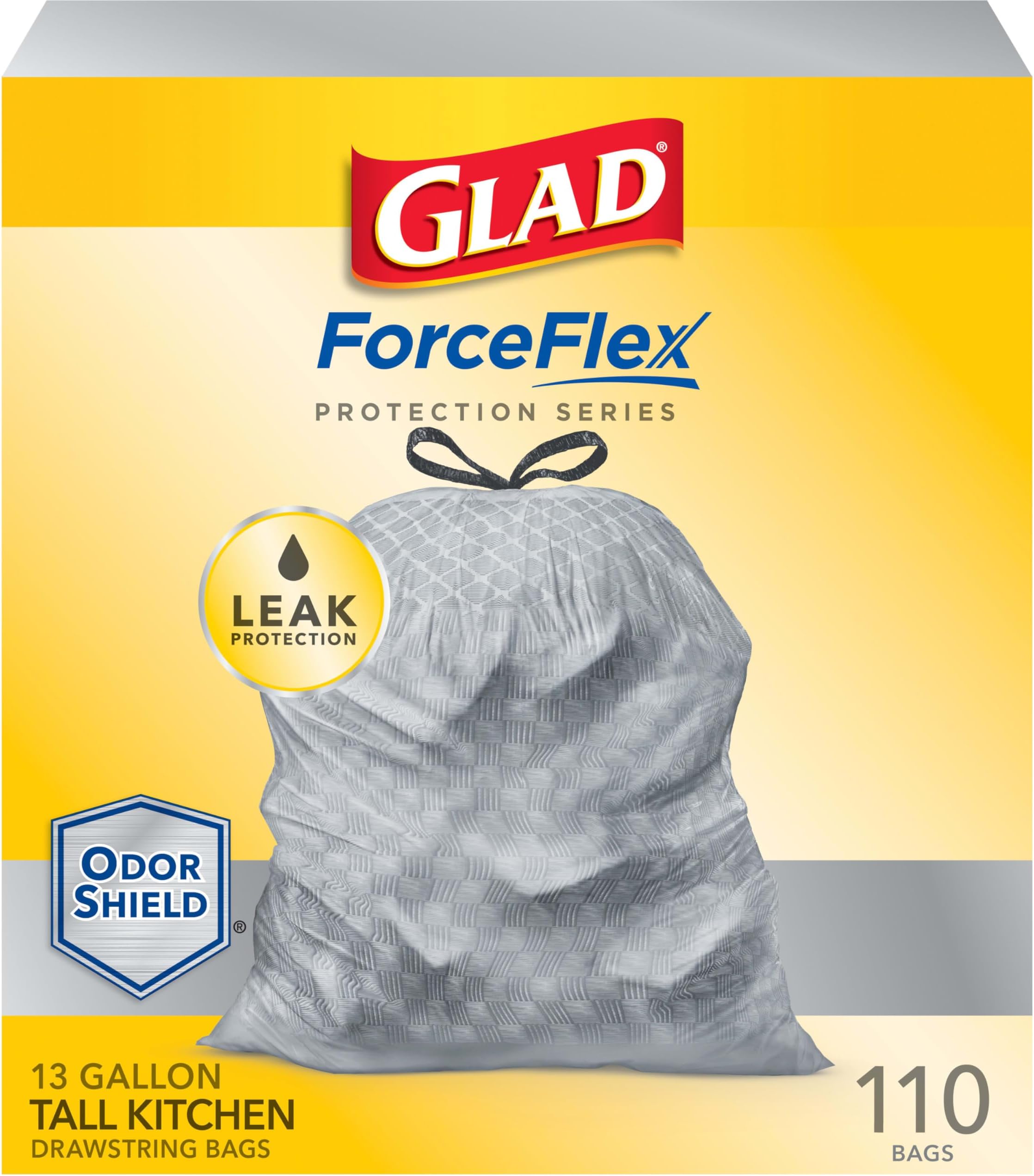 GLAD Protection Series Force Flex Drawstring Odor Shield, Gray, 13 Gallon, 110 Count