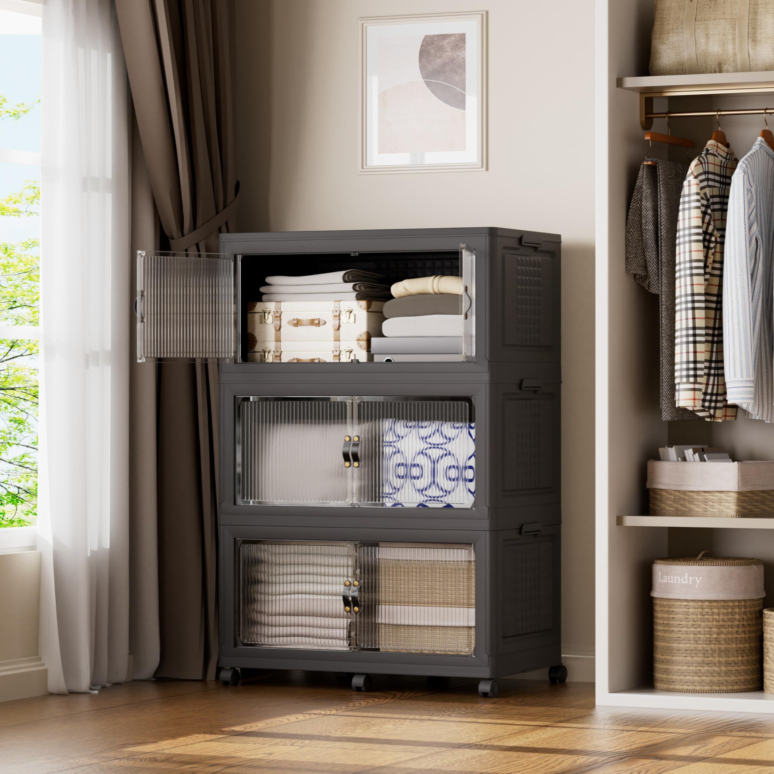 SAILUN SAILUN 145Gal/579Qt Stackable Storage Bins Folding Collapsible Storage Bins with Lid, Closet Organizers and Storage Box with Door Black 33.5" W x 19" D x 53" H