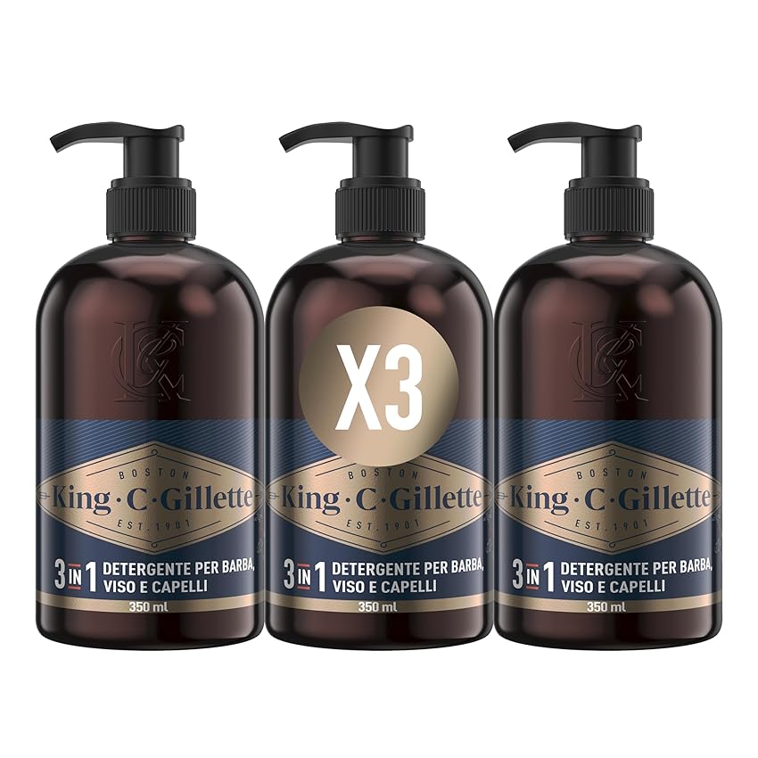Immagine del prodotto King C. Gillette KIT BARBA UOMO, Detergente Viso Uomo e Detergente Barba per La Cura della Barba, 3 Confezioni da 350 ml, Freschezza e Pulizia, Idea Regalo Uomo