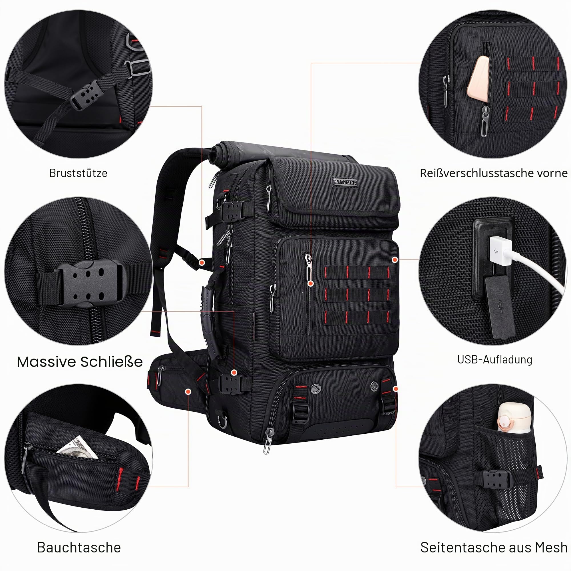 WITZMAN Nylon Reiserucksack Herren mit 16-Zoll-Laptopfach und Schuhfach | Großer Stauraum, Separates Fach und Flexible Nutzung, Ideal für Flugreisen, Urlaub und Geschäftsreisen, B682 Schwarz