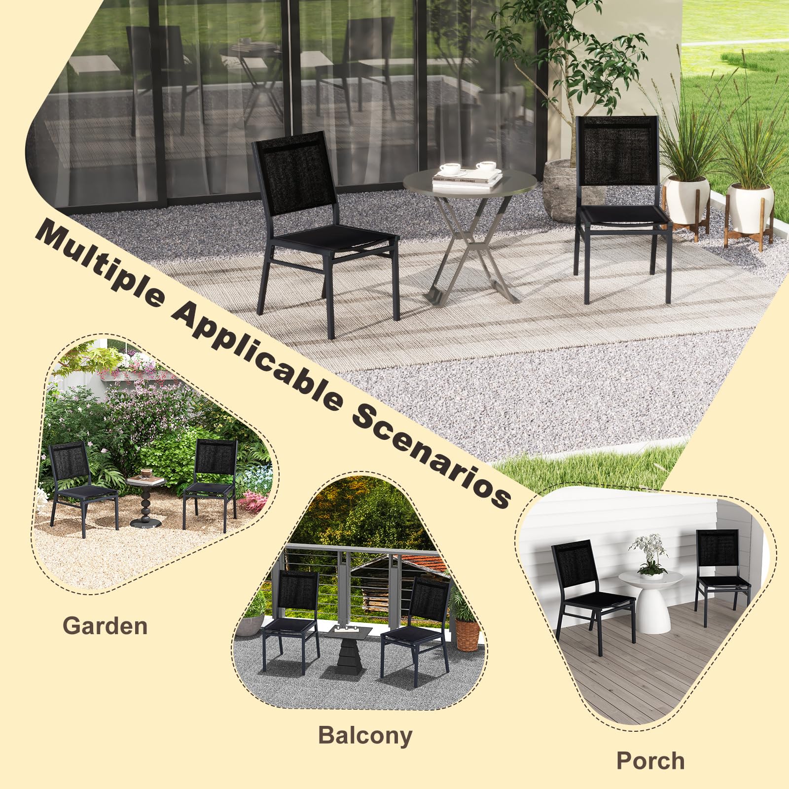 KOMFOTTEU Juego de 1/2 Sillas de Jardín de Tela, Silla Terraza Exterior con Marco de Aluminio, Asiento Económico con Respaldo Alto, Carga 150 kg, para Balcón, Patio, Negro (1)