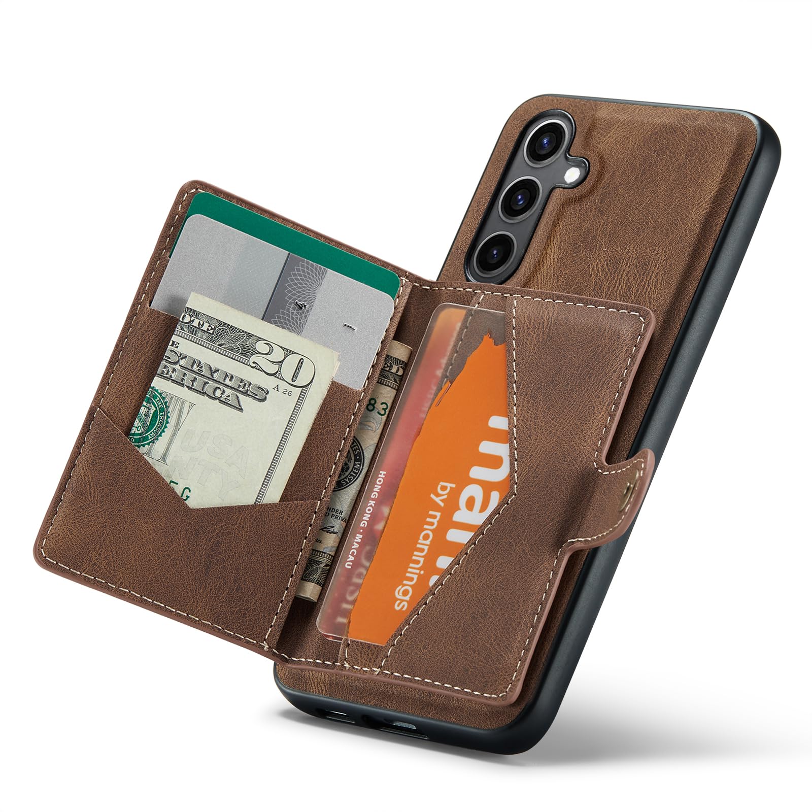 Hongxinyu Case for Samsung Galaxy S24 Plus, Detachable Magnetic Wallet Card Cash Slot Case Cover Support Wireless Charging Functional Kickstand (Brown