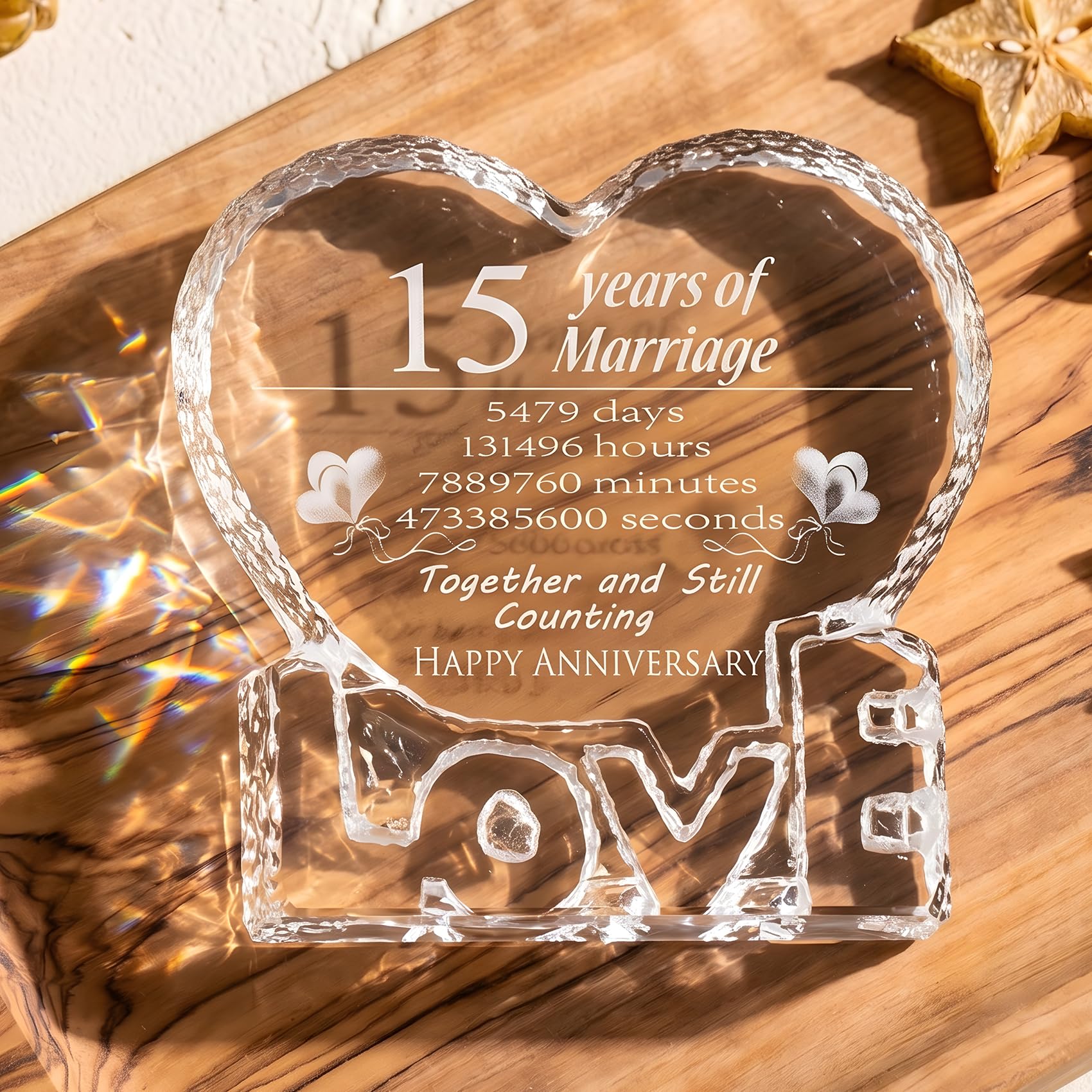 Movdyka 15 aniversario de boda, regalo de cristal para ella, esposa, él, pareja, 15 años de matrimonio, cristal, amor, corazón, pisapapeles
