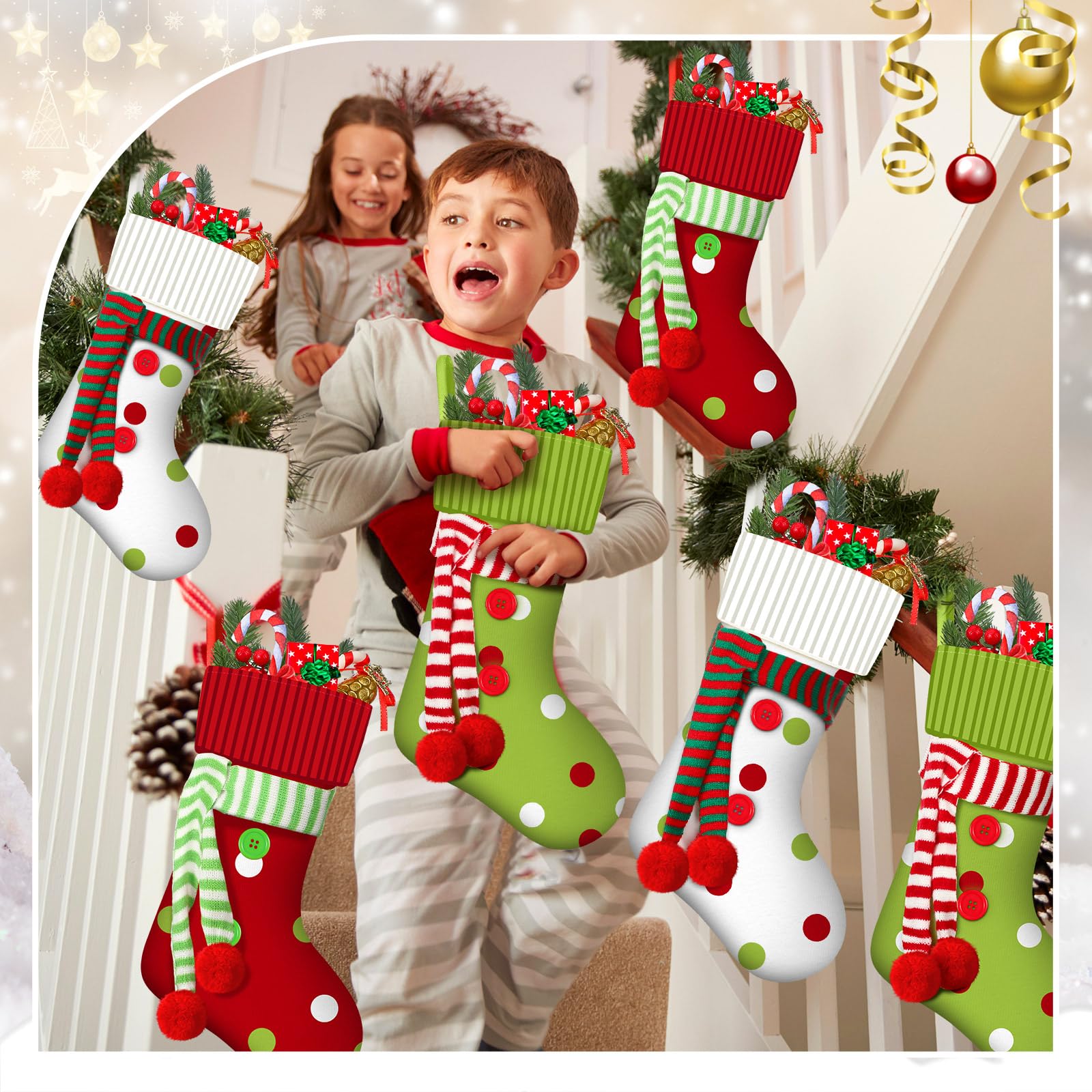 Newcotte 12 Stück 50,8 cm große Weihnachtsstrümpfe, Elfe, Weihnachtsstrümpfe, rot, grün, weiß, Weihnachtsdekoration für Urlaub, Kamin, Baumdekoration, Geschenk, Geschenk