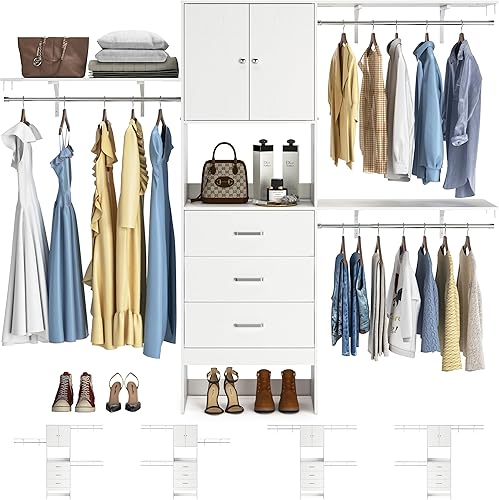 Armocity Sistema de armario de 96 pulgadas con puertas, organizador de armario de 8 pies con 3 torres de estantes, perchero resistente con 3 cajones