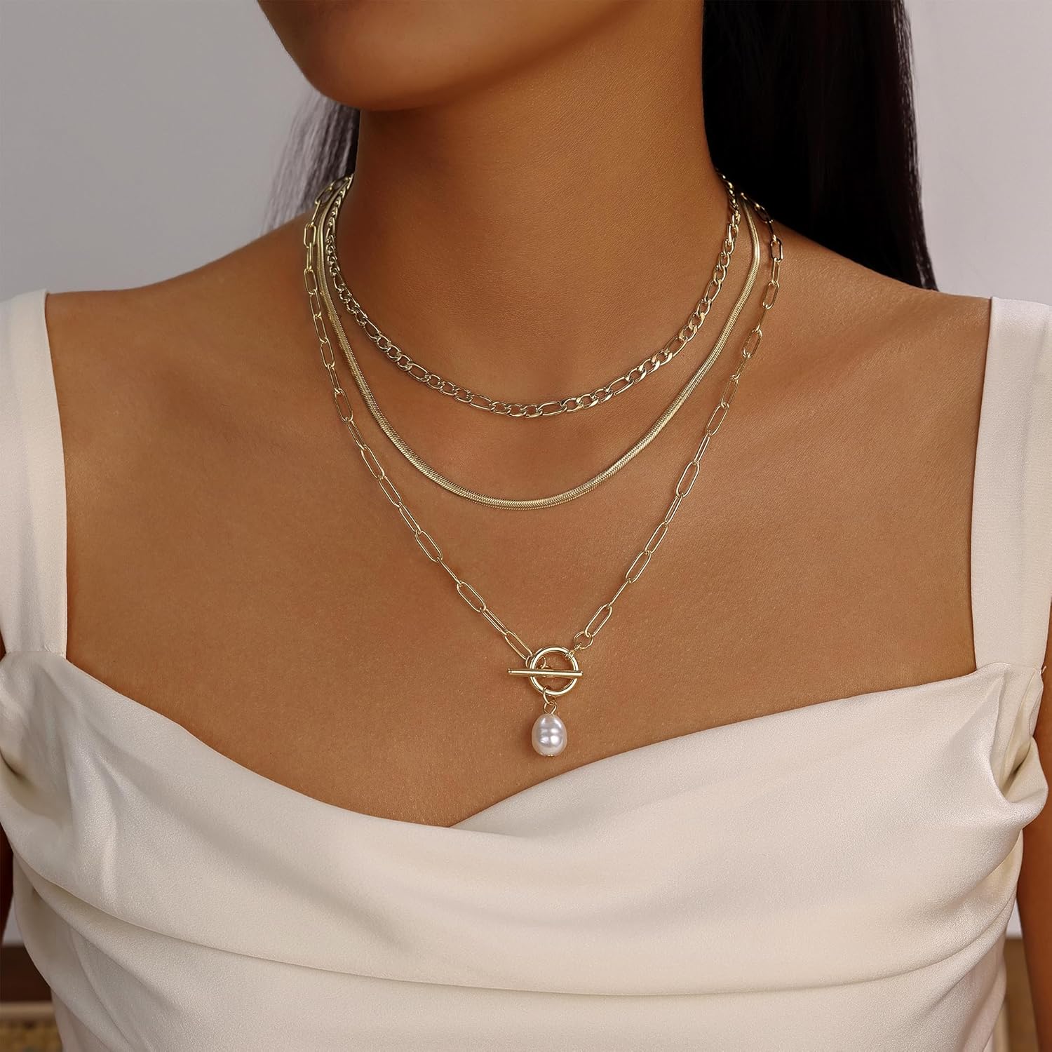 Evabelle Gold Layered Necklace for Women Trendy Jewelry 14K Real Gold Plated Chunky Chain Stackable Necklaces Dainty Choker Necklaces Rectangle Square Pendant - Image 2