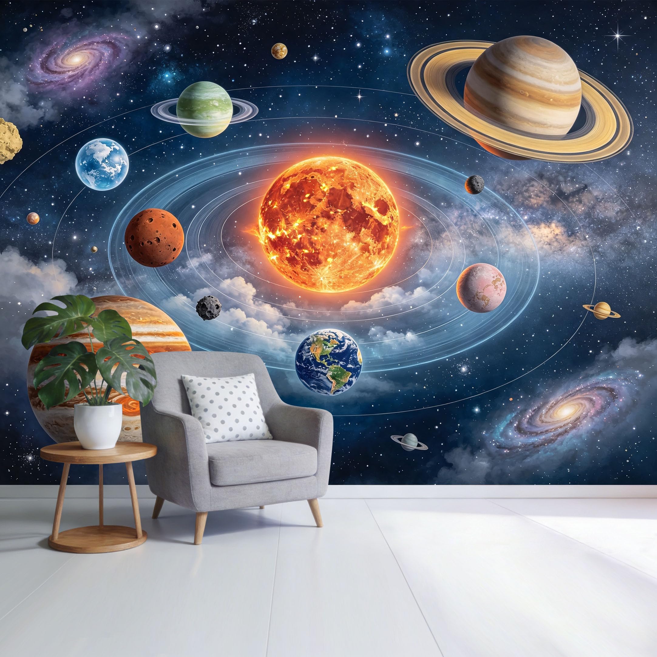 Custom Size Wall Mural Solar System Planets Galaxy 3D Trompe L'Oeil Removable Self Adhesive Fabric，Home Wall Decor for Living Room Bedroom Bathroom