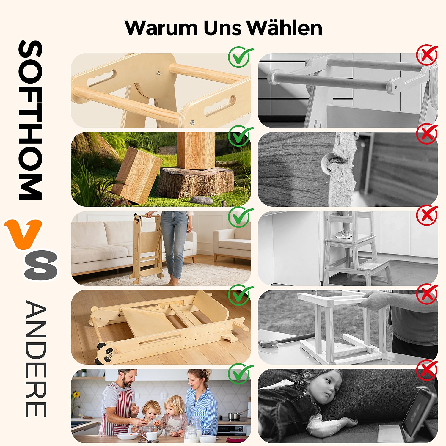 Montessori Tour d'Observation Pliable, Tabouret en Bois, Hauteur Réglable, Sécurité Anti-basculement 1 an+