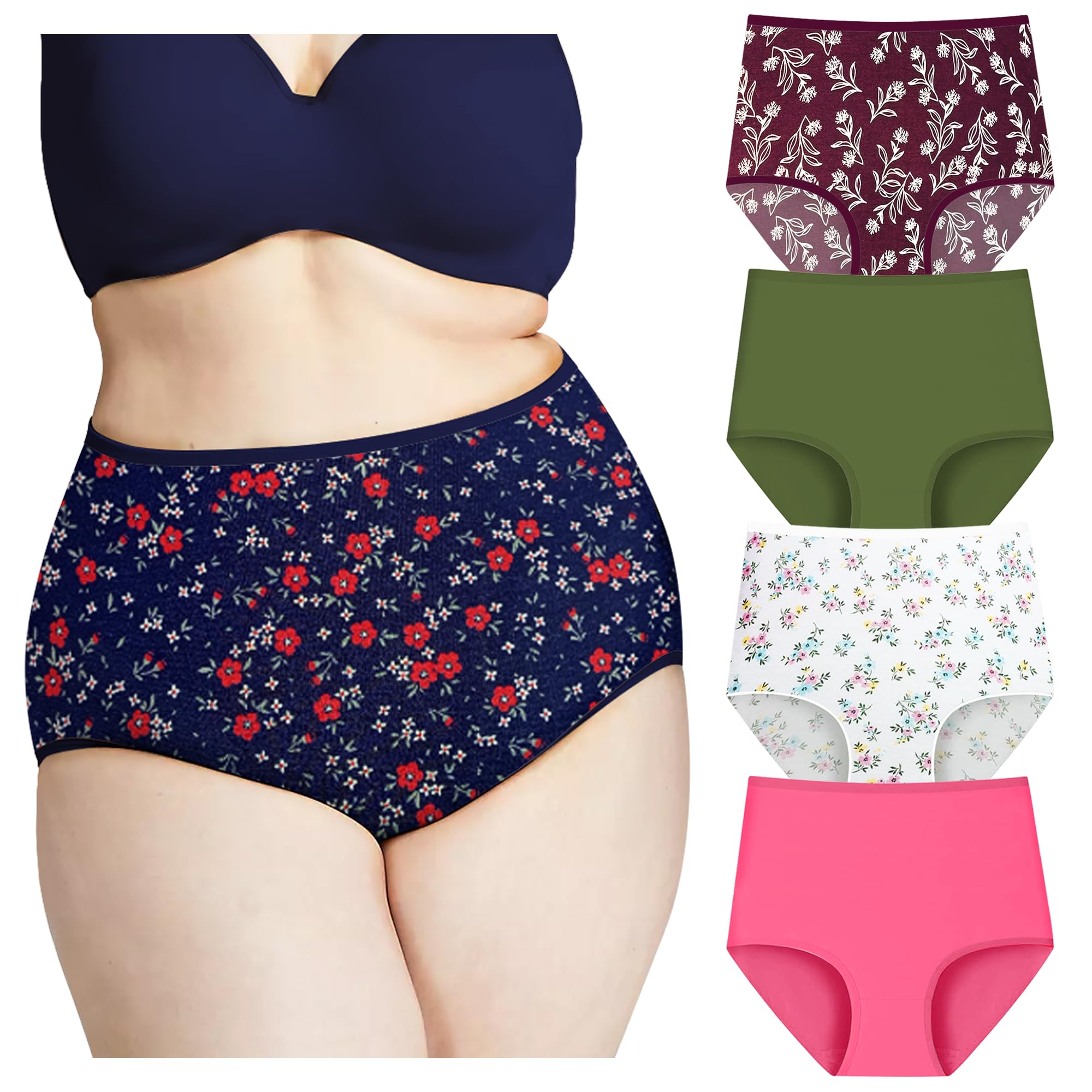 Women's Plus Size Panties High Waist Cotton Briefs Ladies Underwear Big Size Panties Combo (Prints and Colors May Vary) Multicolor