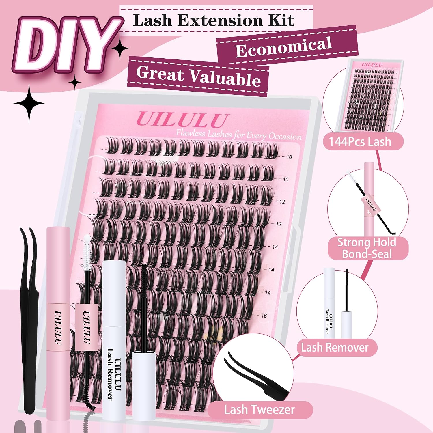 Uilulu Lash Cluster kit 10-18mm DIY Lash Extension Kit 144 D Curl Wispy Clusters Lashes 0.07D Individual Lashes Clusters False Eyelashes Set Eye Lash Kits Extensions Kit Fake Eye Lash(U15 Lash Kit)