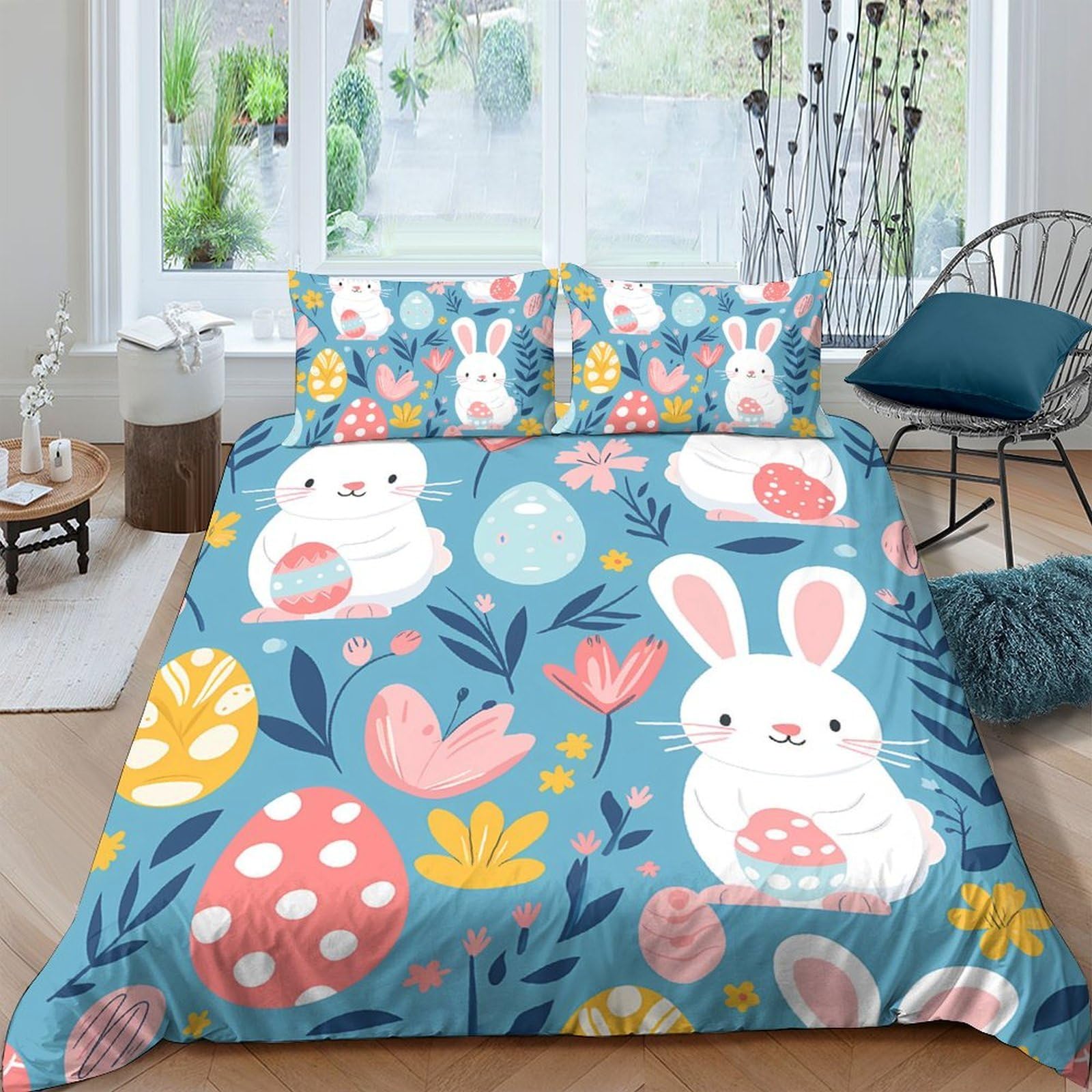 Ctjqhvkz Style-4 3D Printed Easter Bunny Fitted Sheet Microfiber Soft Blue Cartoon Egg Bed Sheet For Bedroom Guest Room Decor Single（135X200cm）