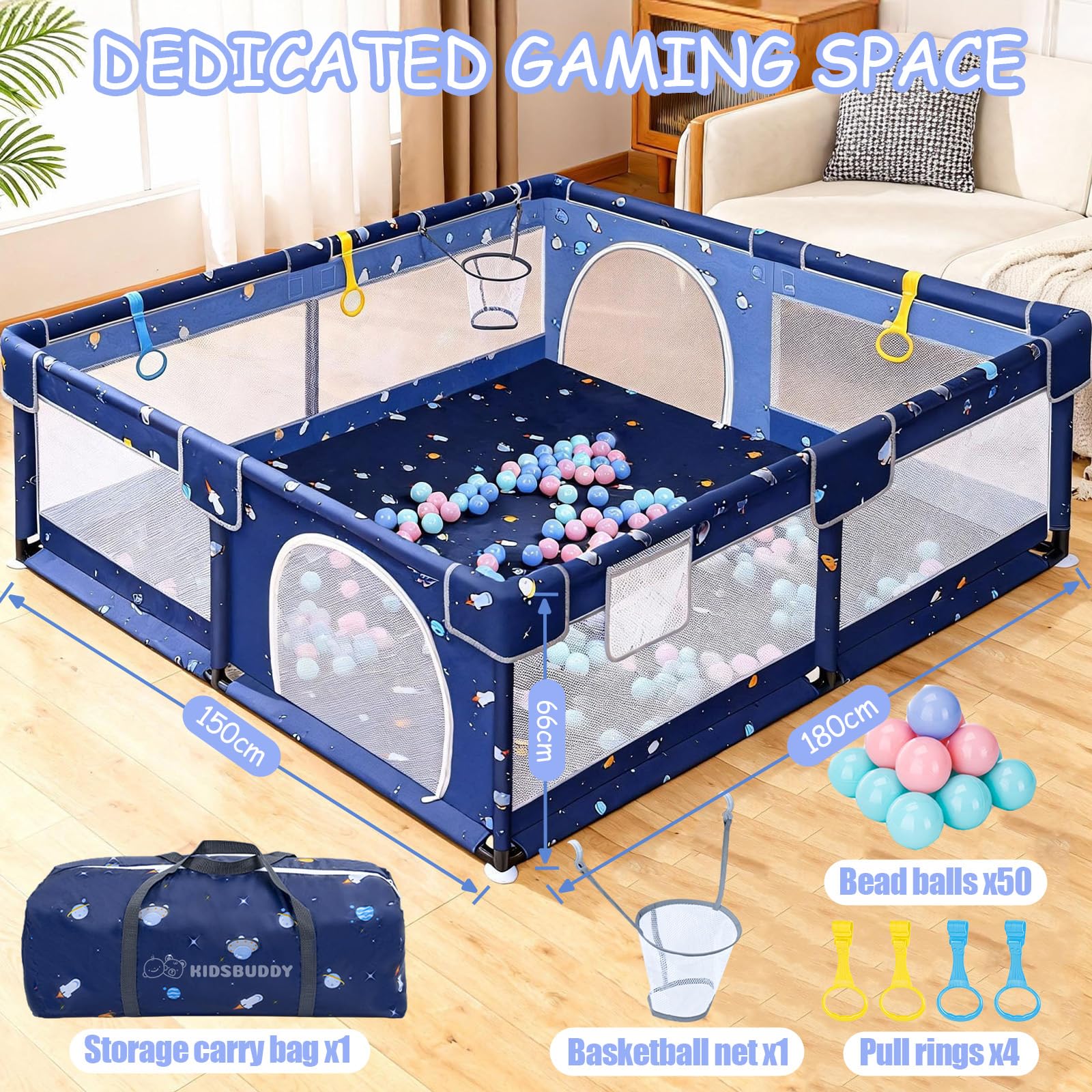 Verdego Parque infantil de 150 x 180 x 66 cm, plegable, con anillas para tirar, pelotas, malla transpirable 210D, color azul oscuro
