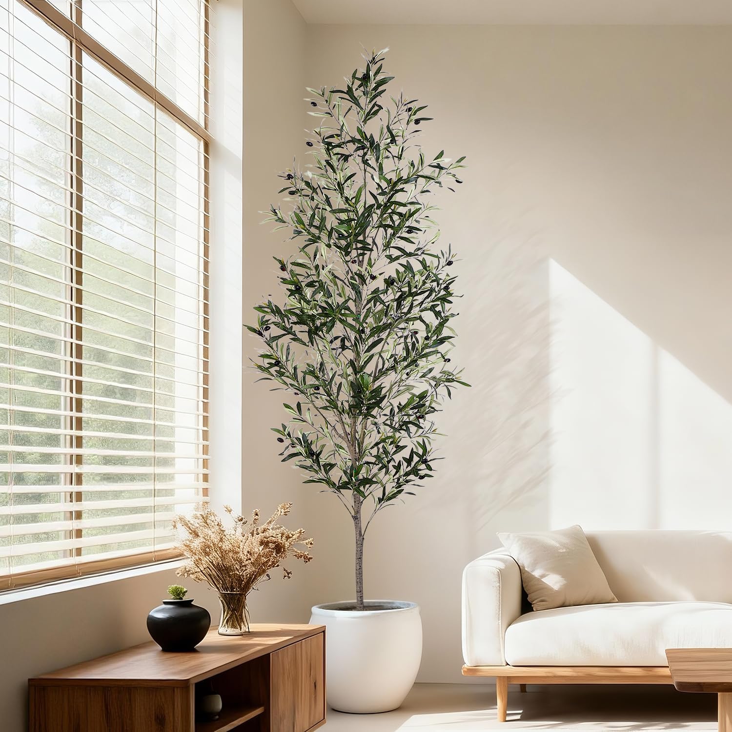 Olive Tree, 7FT Artificial Indoor Tall Faux Olive Trees w/Planter & Natural Wood Trunk and Lifelike Fruits, Fake Olive Artificial Tree for Home Office Decor - Image 5