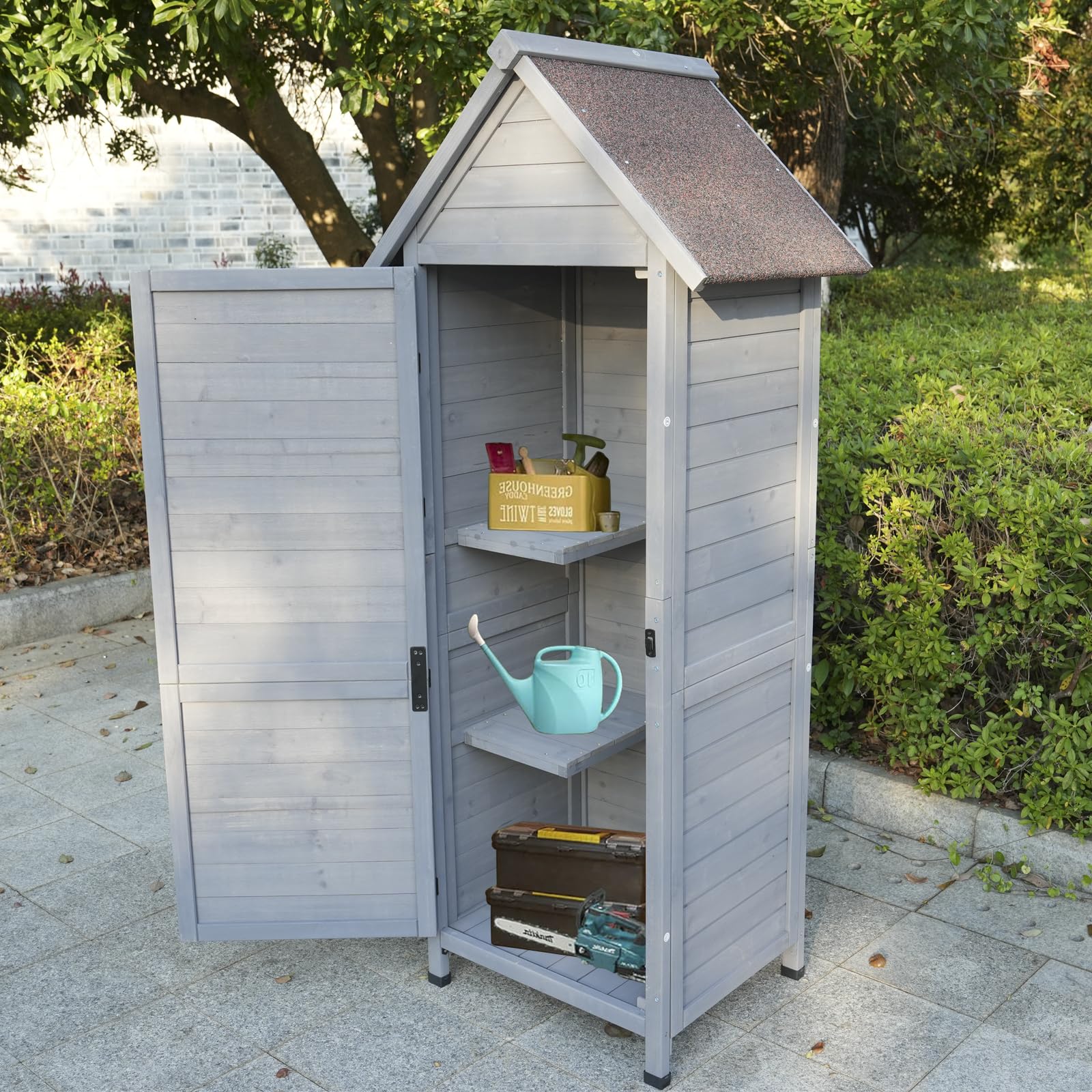 Armoire de jardin d'extérieur grise à 3 étagères, ferrures de porte de haute qualité, toit en asphalte