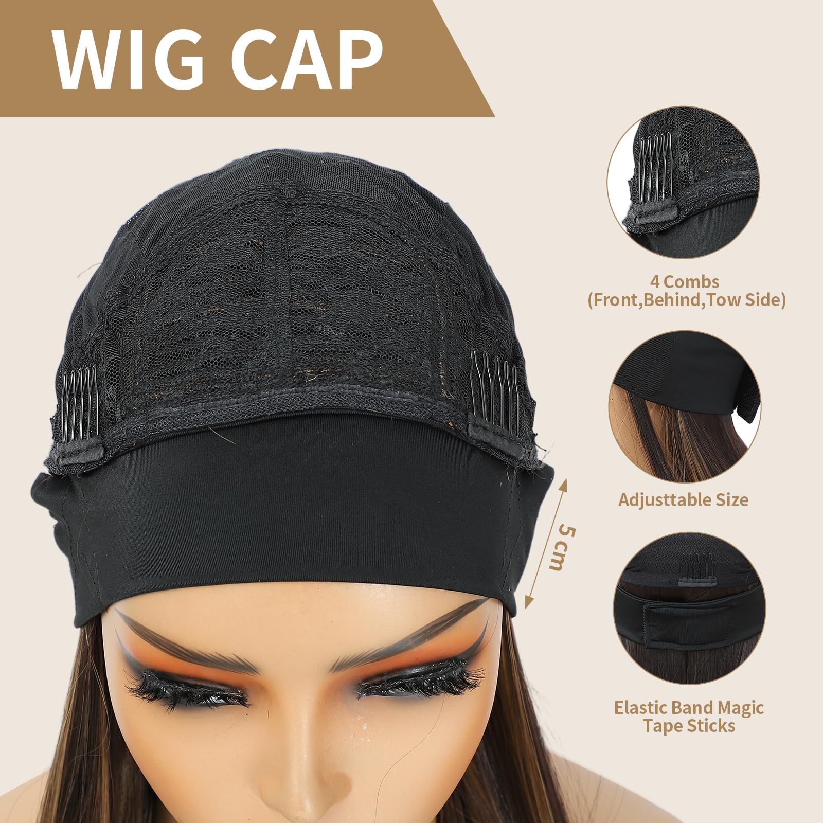 Yacurcur Headband Wigs Silky Straight Hair Glueless Headband Wig None Lace Front Hair Headband Wig Synthetic Straight for Women 150% Density Brown with Highlight Color 28 Inch - Image 4
