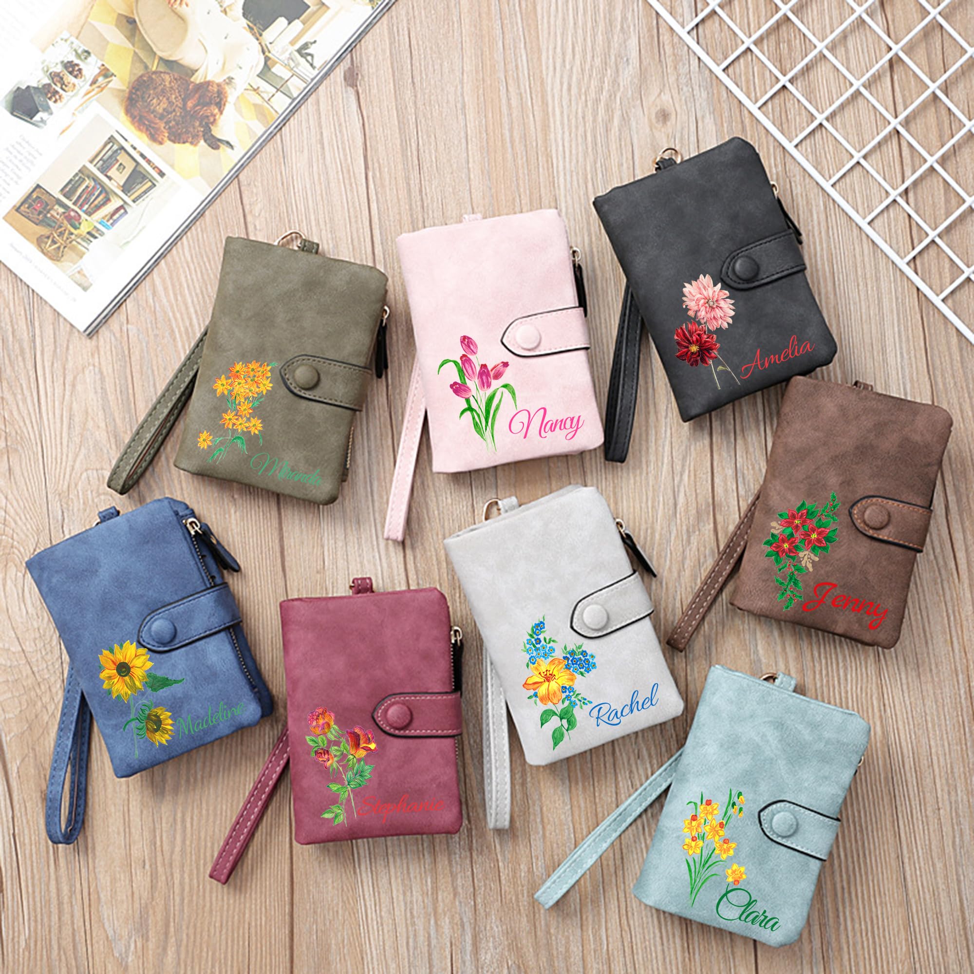 Personalized Wallet Custom Birth Flower & Name, Small Leather Wallet Coin Purse Card Holder for Women Mom Teen Girls Valentines Day Gifts for Her, Customized Wristlet Wallets Bridesmaid Gifts