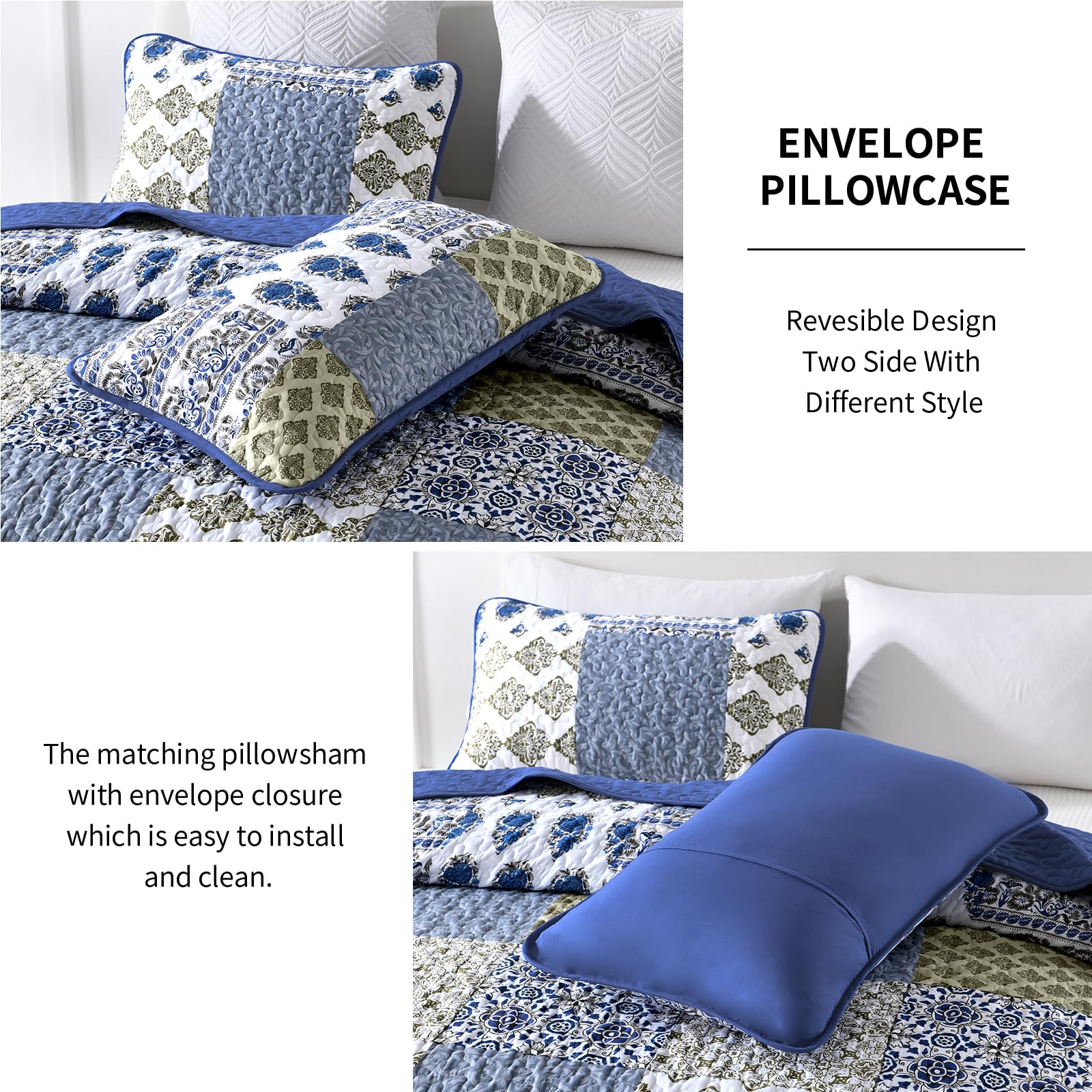 Mybedsoul Niebieska kołdra, rozmiar queen-size, 3-częściowy zestaw pościeli w stylu boho, w kratę, kolor Aqua Blue kwiatowy, mikrofibra, lekki zestaw pościeli bohema, na cały sezon (1 kołdra + 2