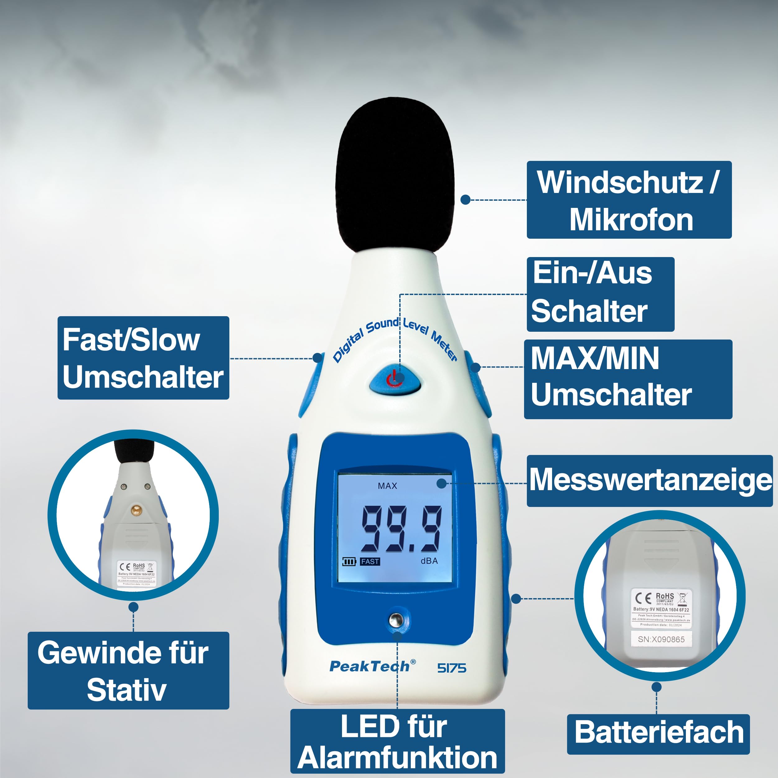 PeakTech P 5175 - Miernik poziomu dźwięku ~ 40 ... 130 dB A