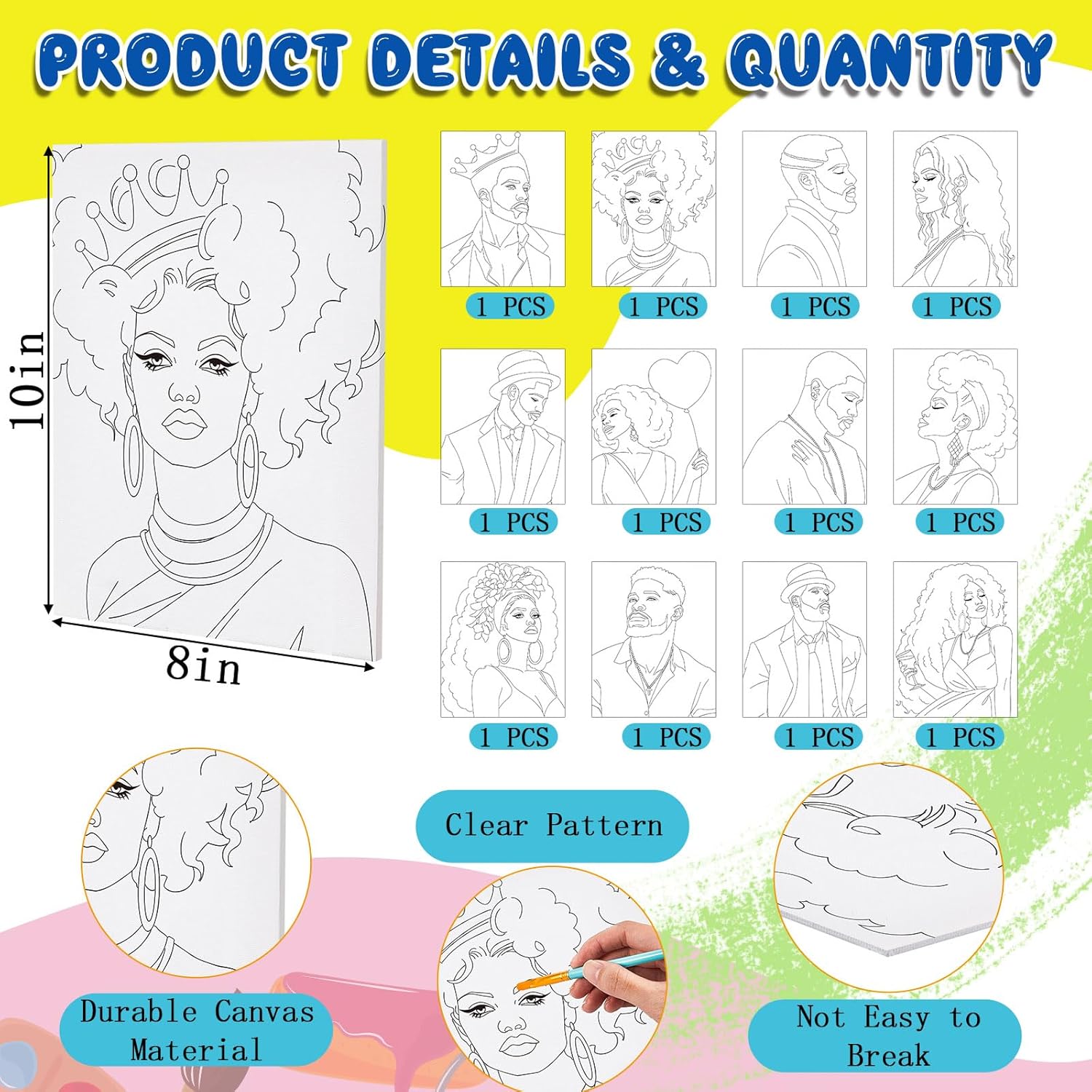 Fullhawl 12 Sets Sip and Paint Kit Date Night Pre Drawn Canvas Painting Set Pre Drawn Stretch Canvas Kit for Couples Adults(Afro Couple)