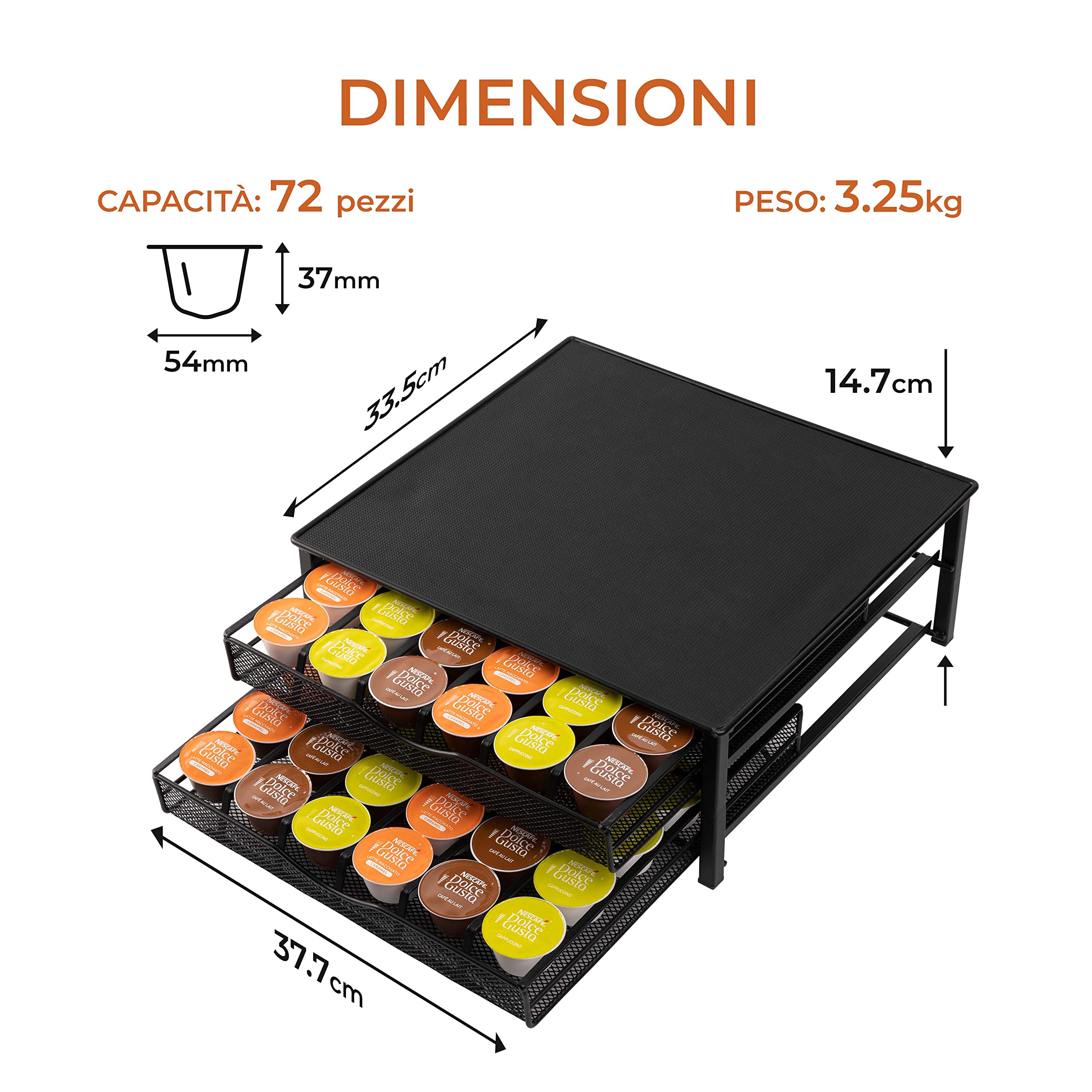 Gadgy Porta Cialde Dolce Gusto | Cassetto per 72 Capsule di Caffè | Organizzatore Antiscivolo e Antiurto | Metallo Nero Resistente per Cucina