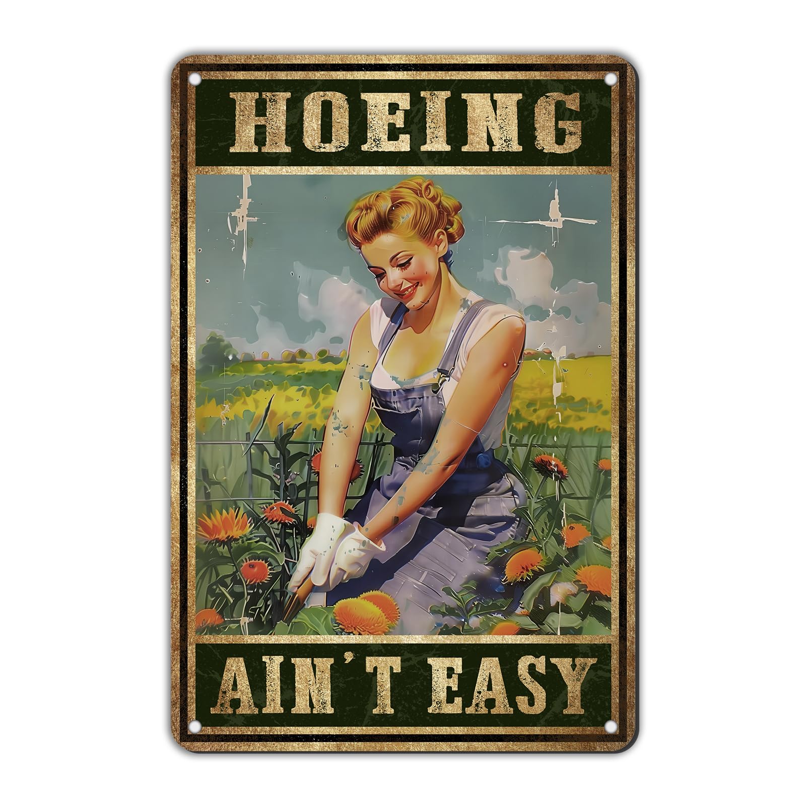 Anceky Gardener Hoeing Ain't Easy Tin Sign Funny Metal Sign Wall Decor for Backyard Home Living Room Garden Cafe Indoor 12×16 Inch