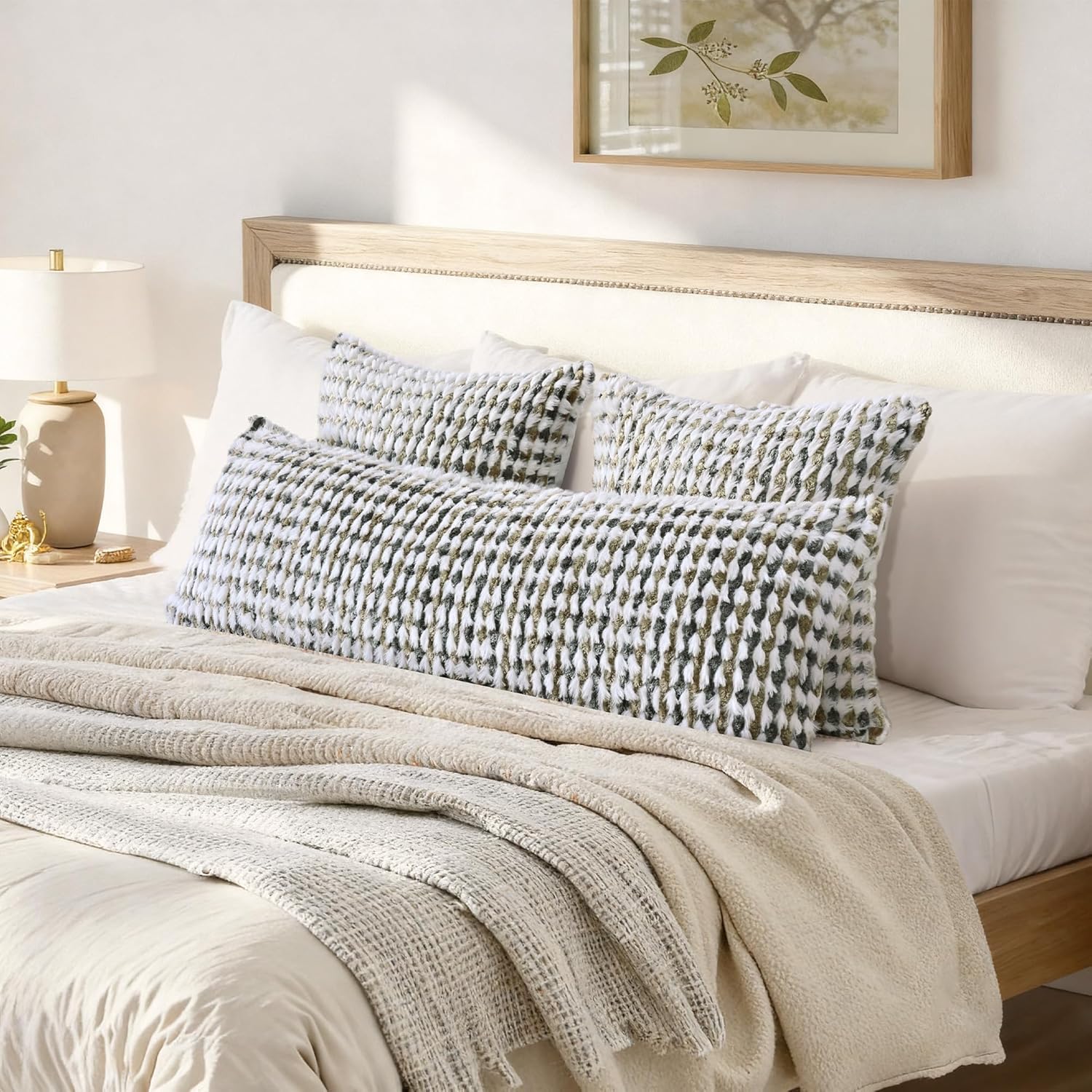 Boho Chenille Tufted Pillow Cover 14x36 Inch Set of 1, Farmhouse Striped Decorative Pillow Covers Accent Fluffy Neutral Long Body Bolster Pillow for Couch Sofa Bedroom Living Room, Brown Gray