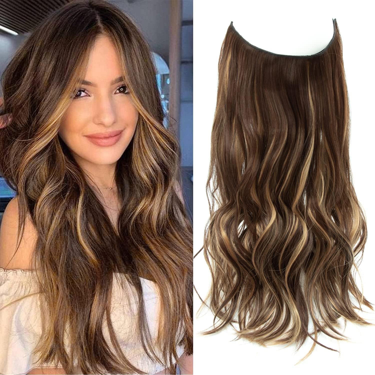 Invisible Wire Brown Hair Extensions with Caramel Blonde Highlights - 20 Inch Wavy Pieces - Friendly Synthetic Hair