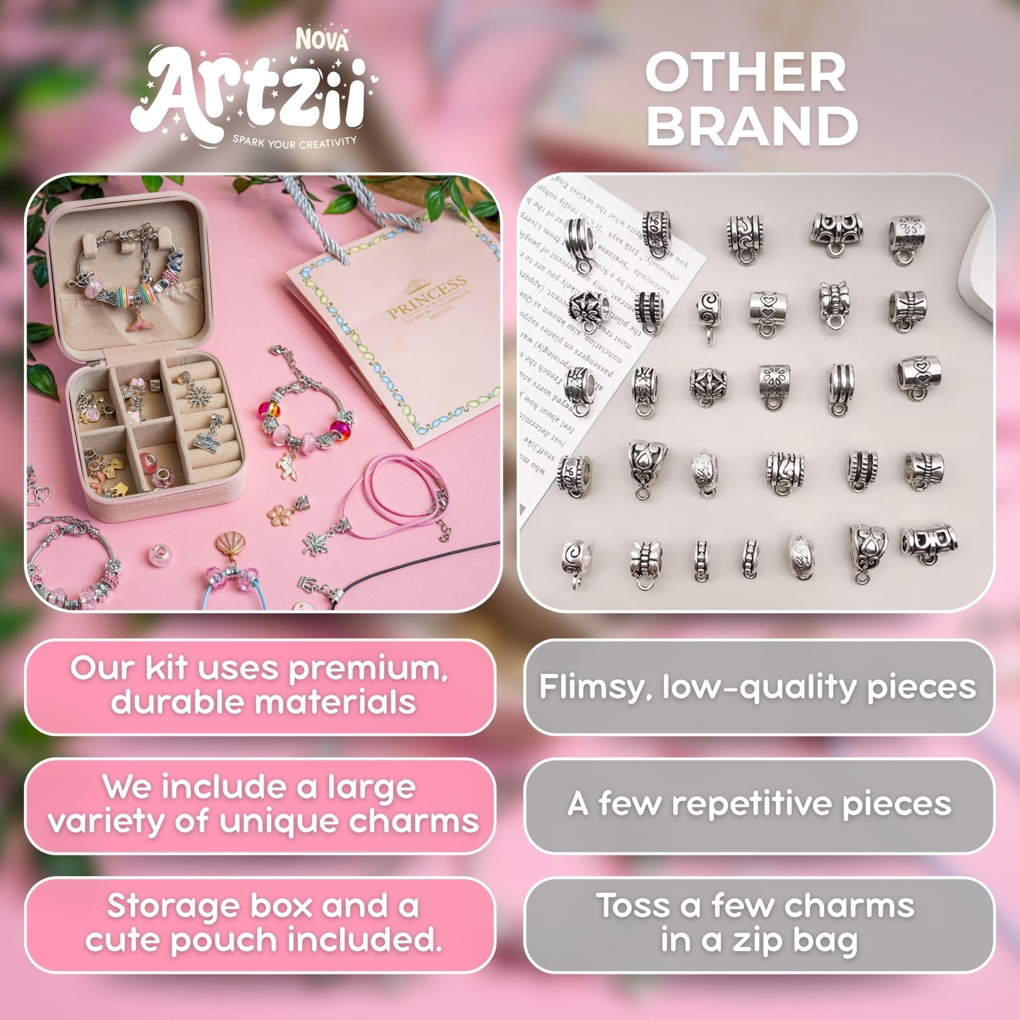 ARTZII Kit per la creazione di braccialetti tutto in uno per bambini, gioielli da principessa, ciondoli per bracciali, perline per braccialetti kit artigianali, accessori divertenti e facili per la