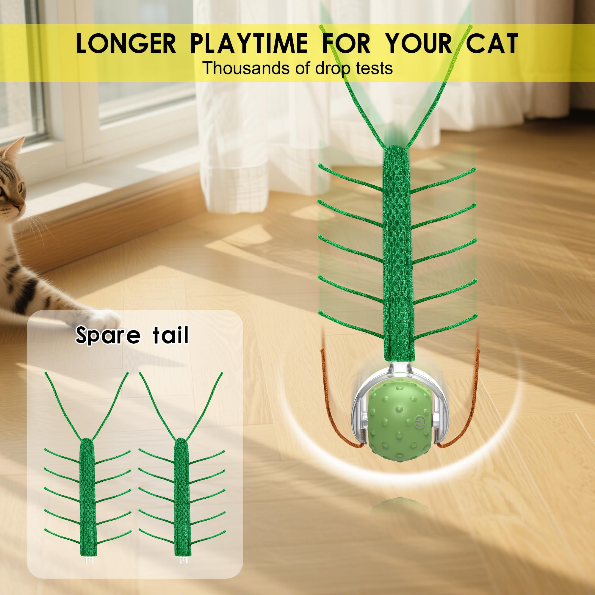 Interaktives Katzenspielzeug Selbstbeschäftigung Elektrisch - Automatischer Katzenball mit Vogelgeräuschen, Katzen Spielzeug Interaktiv Leise & USB-Aufladbar für Innenbereich-Katzen (Grün)