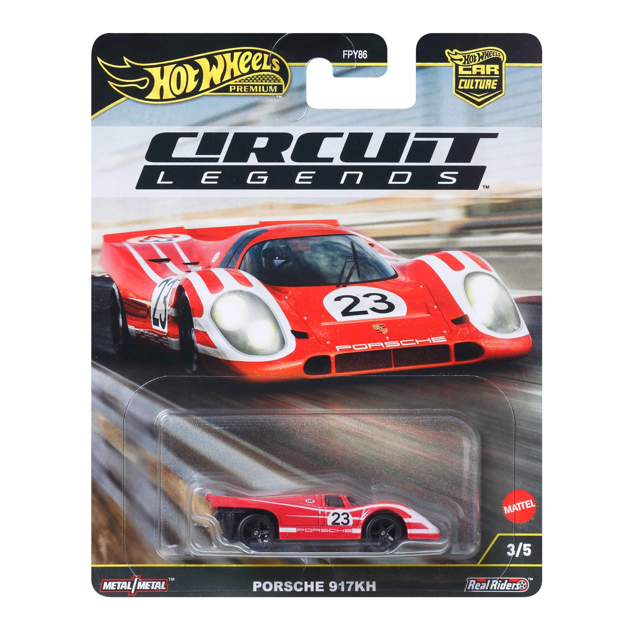 Hot Wheels Premium Car Culture Kultowe auta Circuit Legends Porsche 917K Metalowy samochód zabawka w skali 1:64 z oponami Real Riders, JBK63