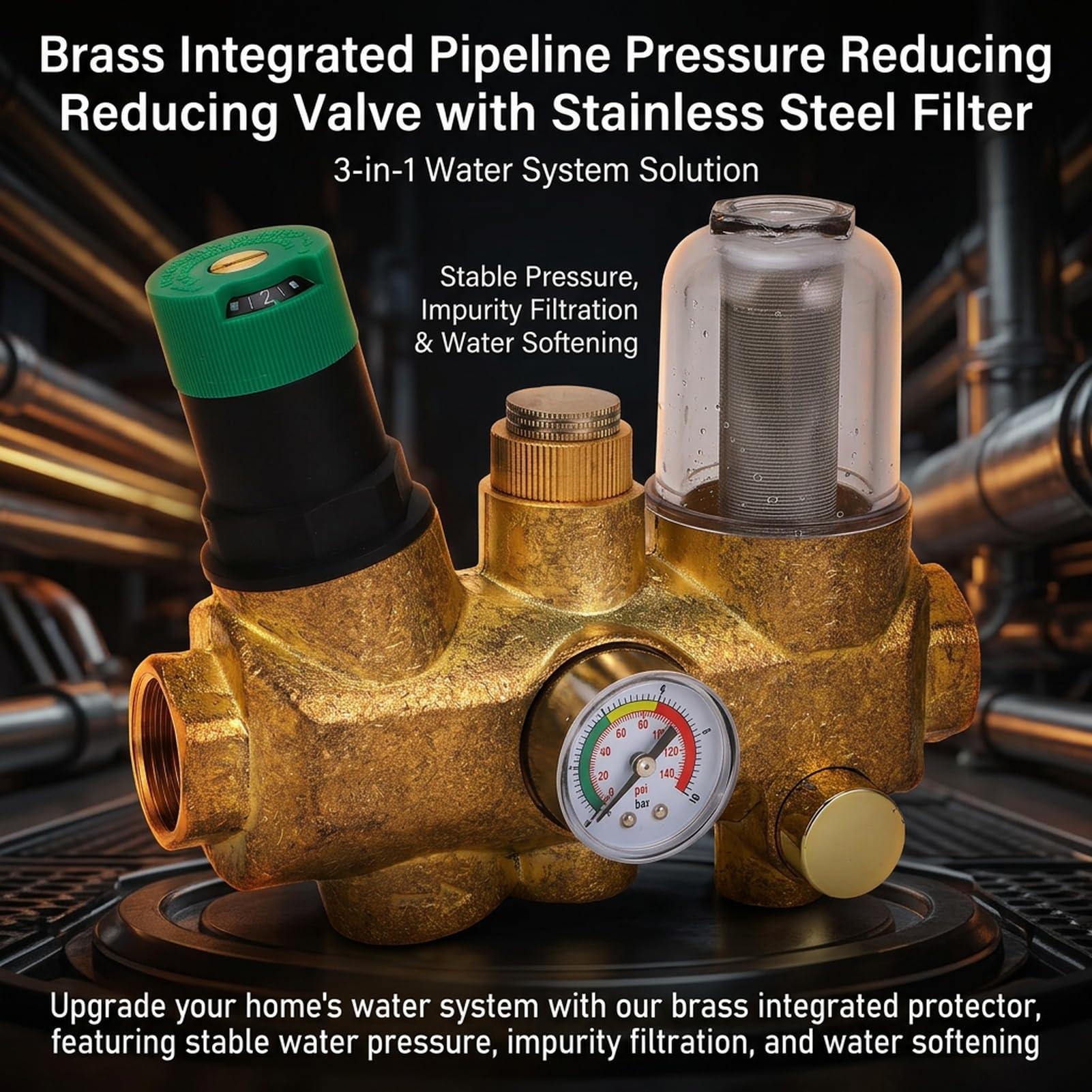 Valvola regolatrice della pressione dell'acqua, corpo in ottone DN15 da 1/2 pollice, con filtro autopulente da 40μm e manometro per la linea principale dell'acqua (1/2 pollice (DN15))