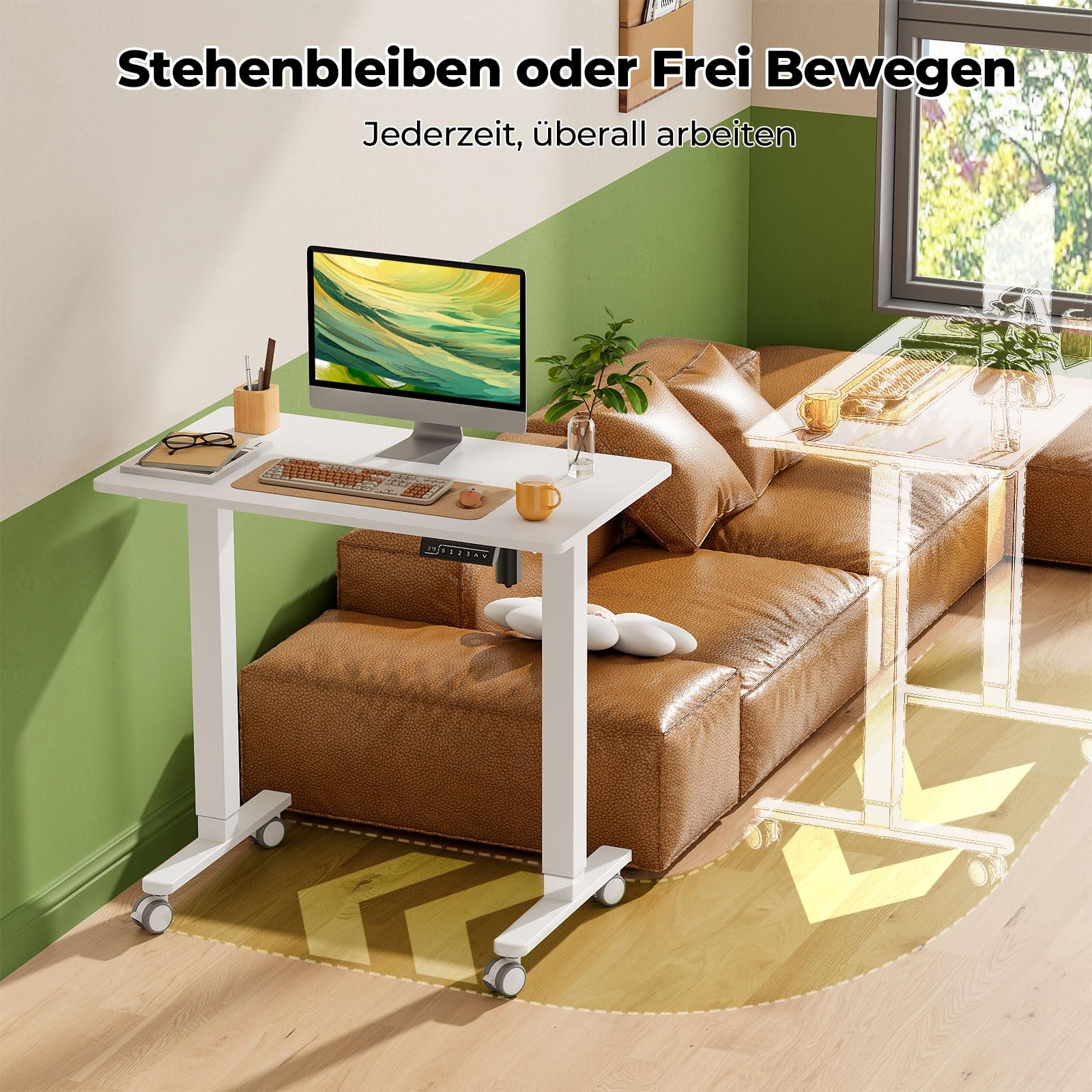 Gibbon Mounts 88x50cm Kleiner höhenverstellbarer Schreibtisch mit Rollen | Mobiler elektrischer Computertisch mit weißer einteiliger Tischplatte & 4 feststellbaren Räder, für kleine Wohnbereiche