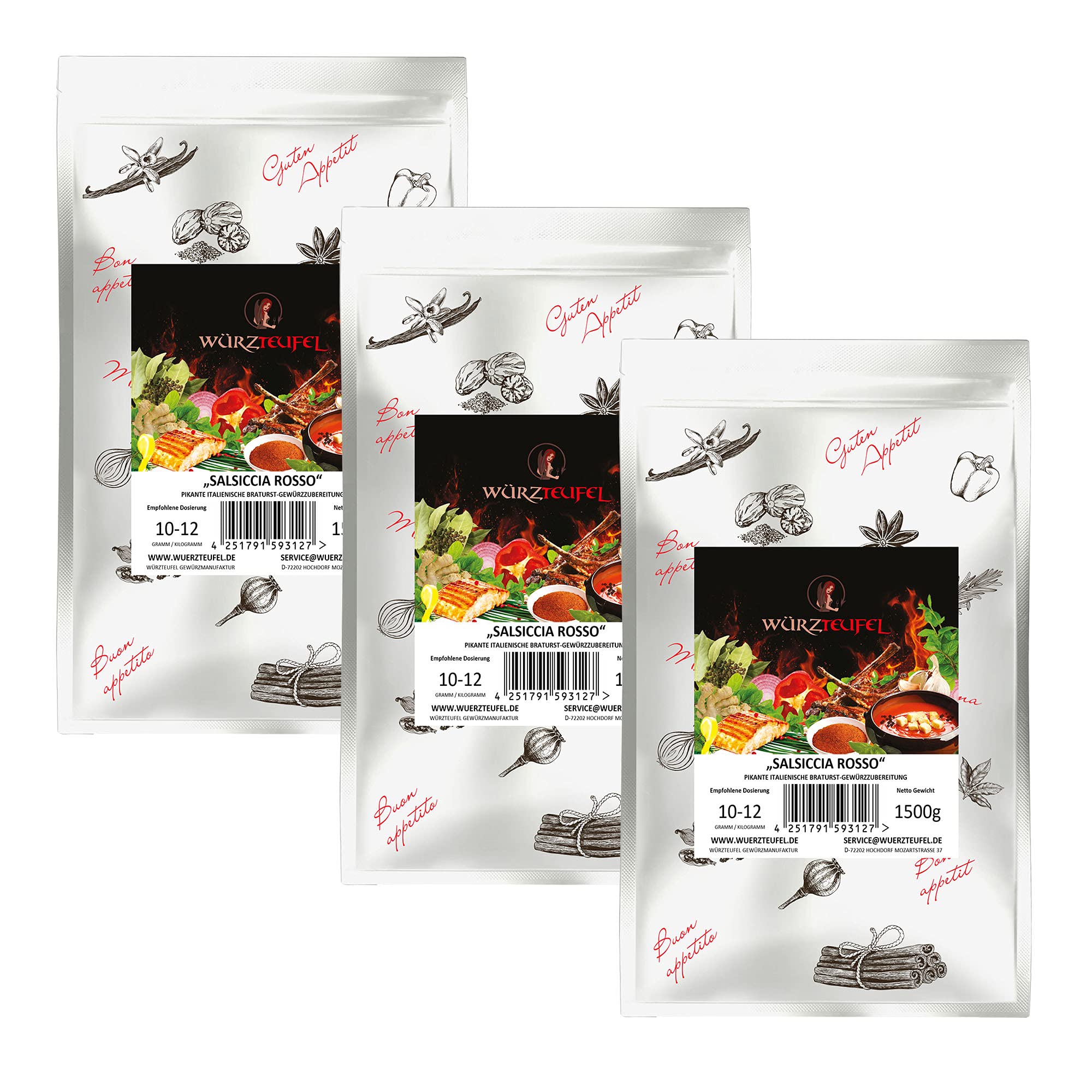 Salsiccia Rosso - Especias para cocinar salchichas, salchichas rojas y italianas, 3 bolsas XL de 1500 g (4,5 kg)