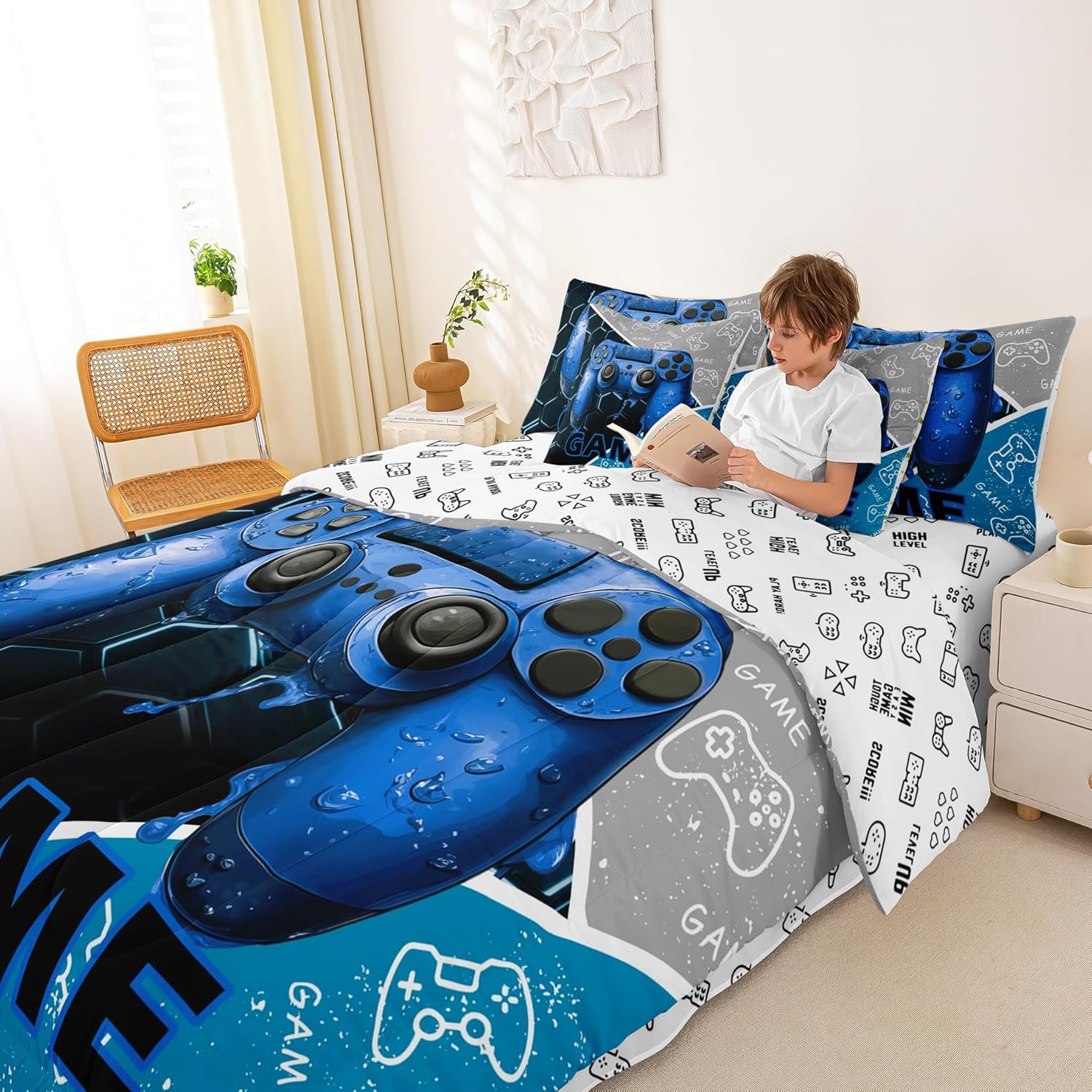 Gaming Boys Kids 7 Pieces Comforter Set Queen Size,Blue Video Game Consoles Gamepad Reversible Quilt Set,Geometric Honeycomb Gamer Room Decor Bedding Set with Comforter,Sheet,Pillowcase - Image 3
