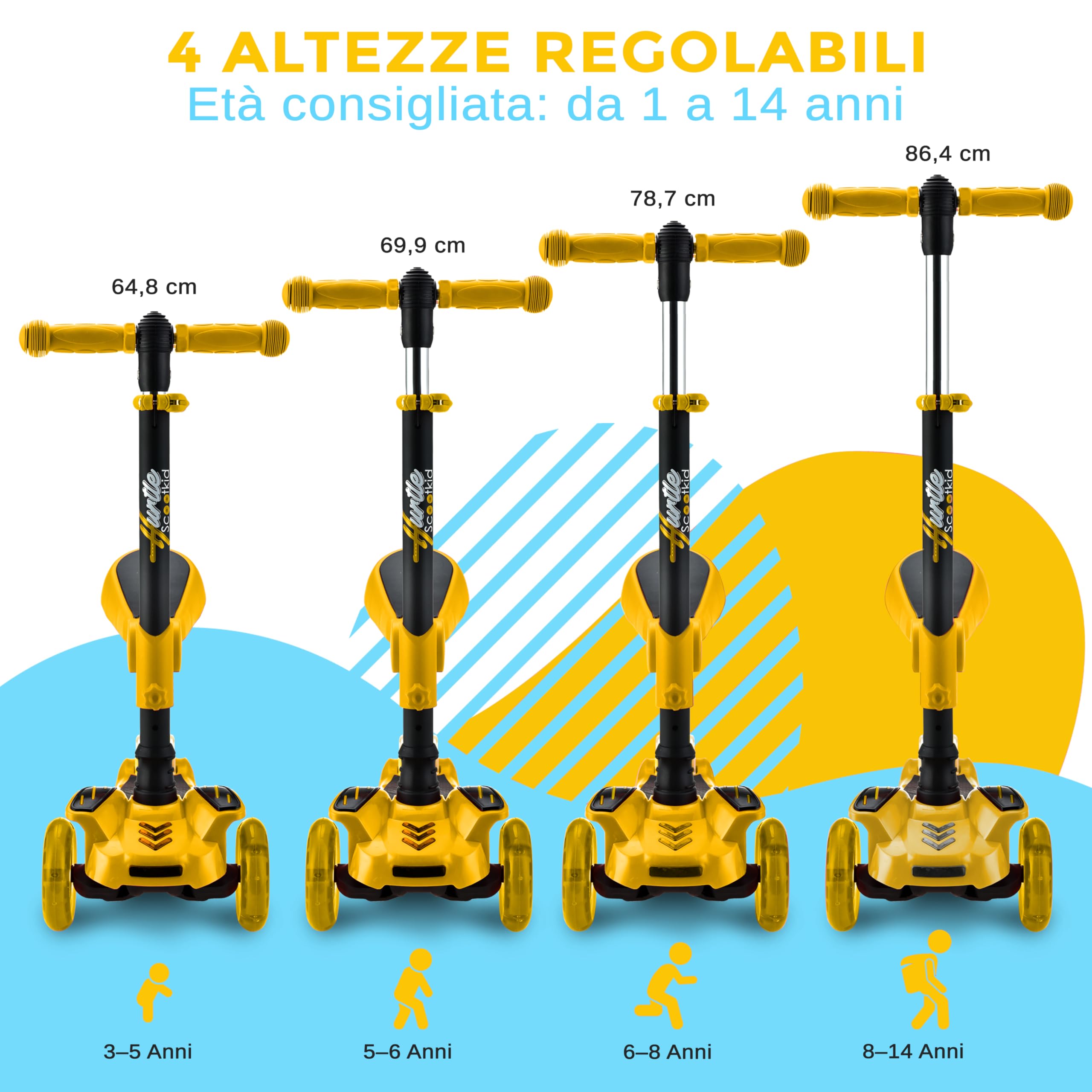 Hurtle Monopattino Bambino, Monopattino Bambina, Monopattino a 3 Ruote, Regolabile in Altezza con Sedile Pieghevole, Scooter per Bambini e Bambine con Ruote LED Multicolore, Dai 1 ai 14 Anni