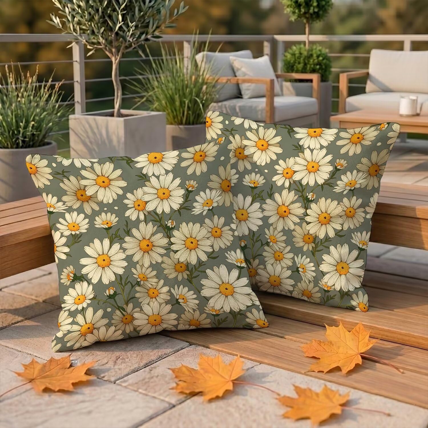 Housses de coussin extérieur impénétrables 90x90 cm marguerite en lin pour jardin et terrasse