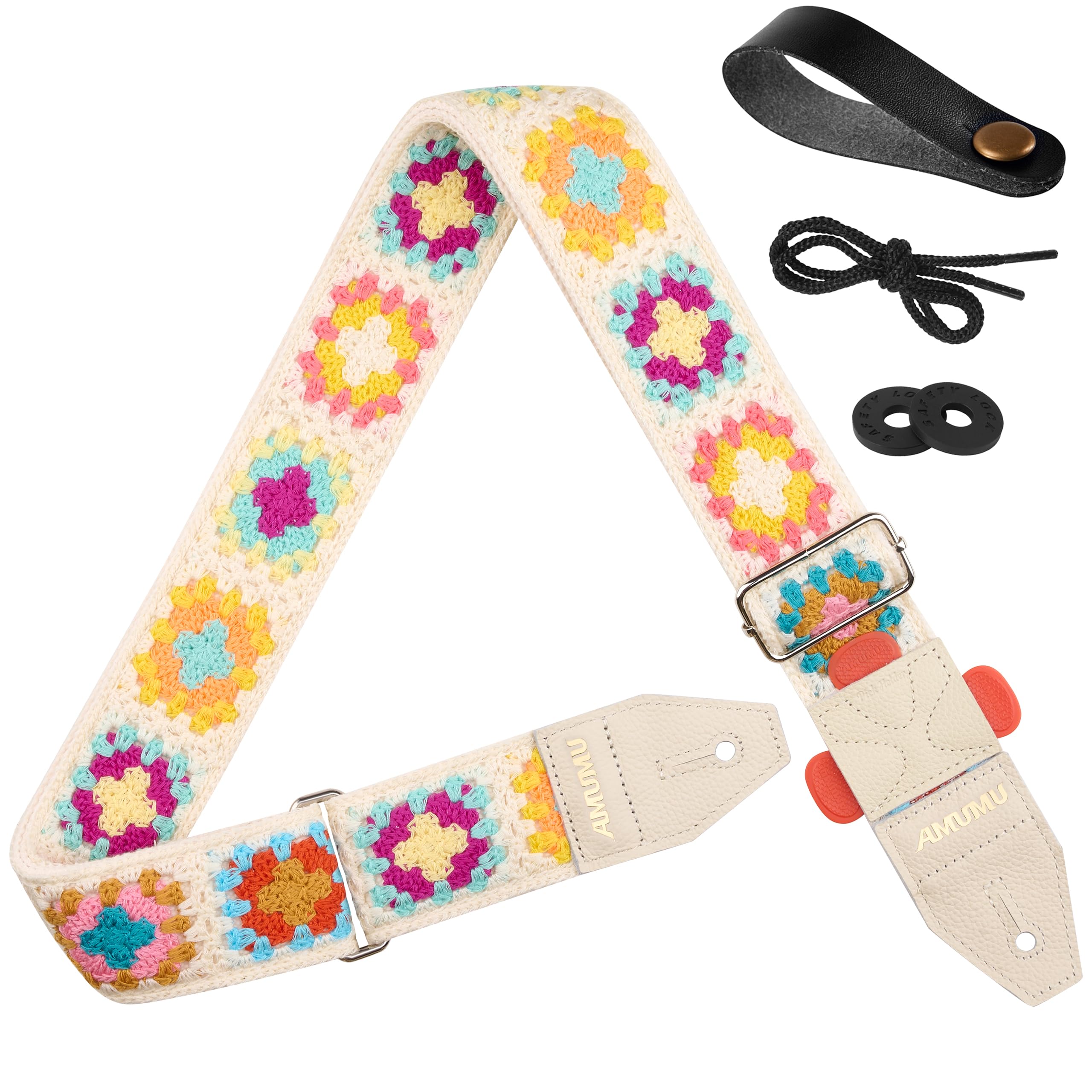Amumu Unisex White Crochet Sunburst 2'' Cotton Guitar Strap, Hand-Crocheted Floral, Top-Grain Leather Ends With Quick-Fetch Pick Holder, Guitar-Friendly For Acoustic, Electric, Bass Guitars – Adjustable 36''-59''