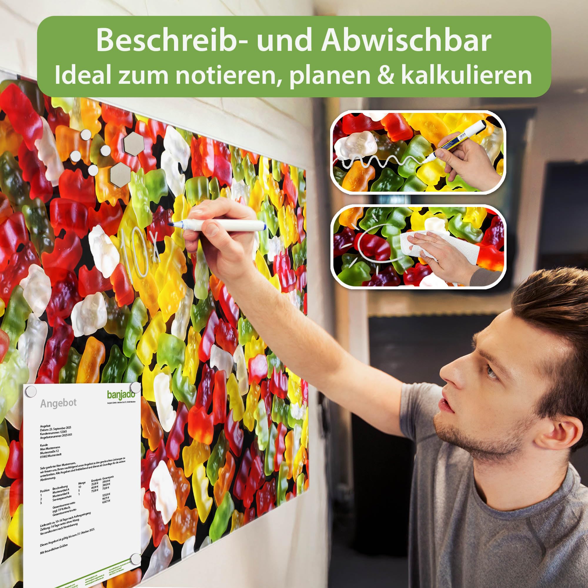 banjado Magnettafel aus Glas in 45x30cm für Küche und Rezepte