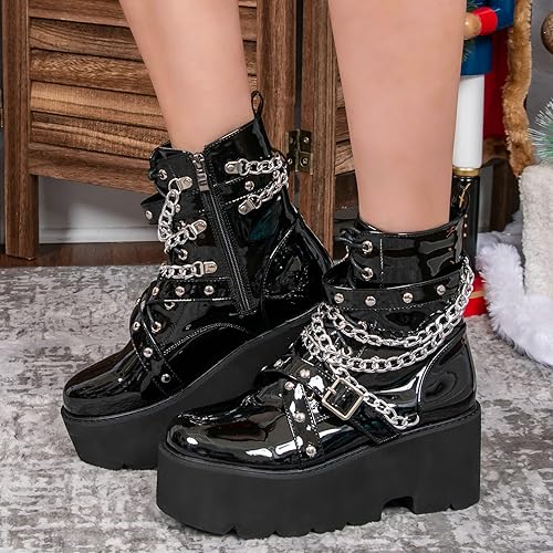 Miniatura 8 de Parisuit Botines góticos de charol para mujer, con plataforma, tacón alto grueso, con cordones, botas de combate punk, botas cortas