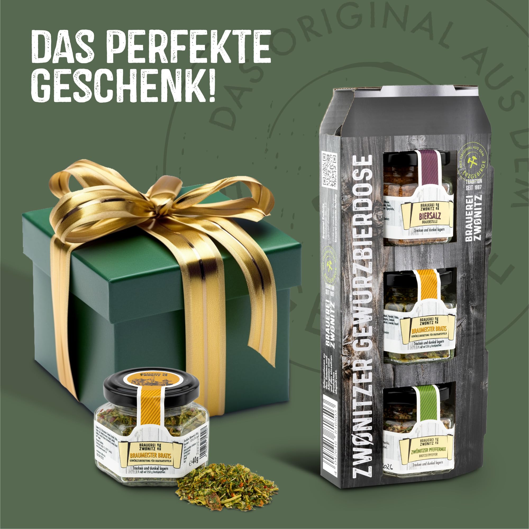 Brauerei Zwönitz Gewürzset mit Bratkartoffelgewürz, Biersalz und Pfeffer - Gewürzbox mit drei Gewürzmischungen - Gewürze Set Geschenk in der Gewürzbierdose