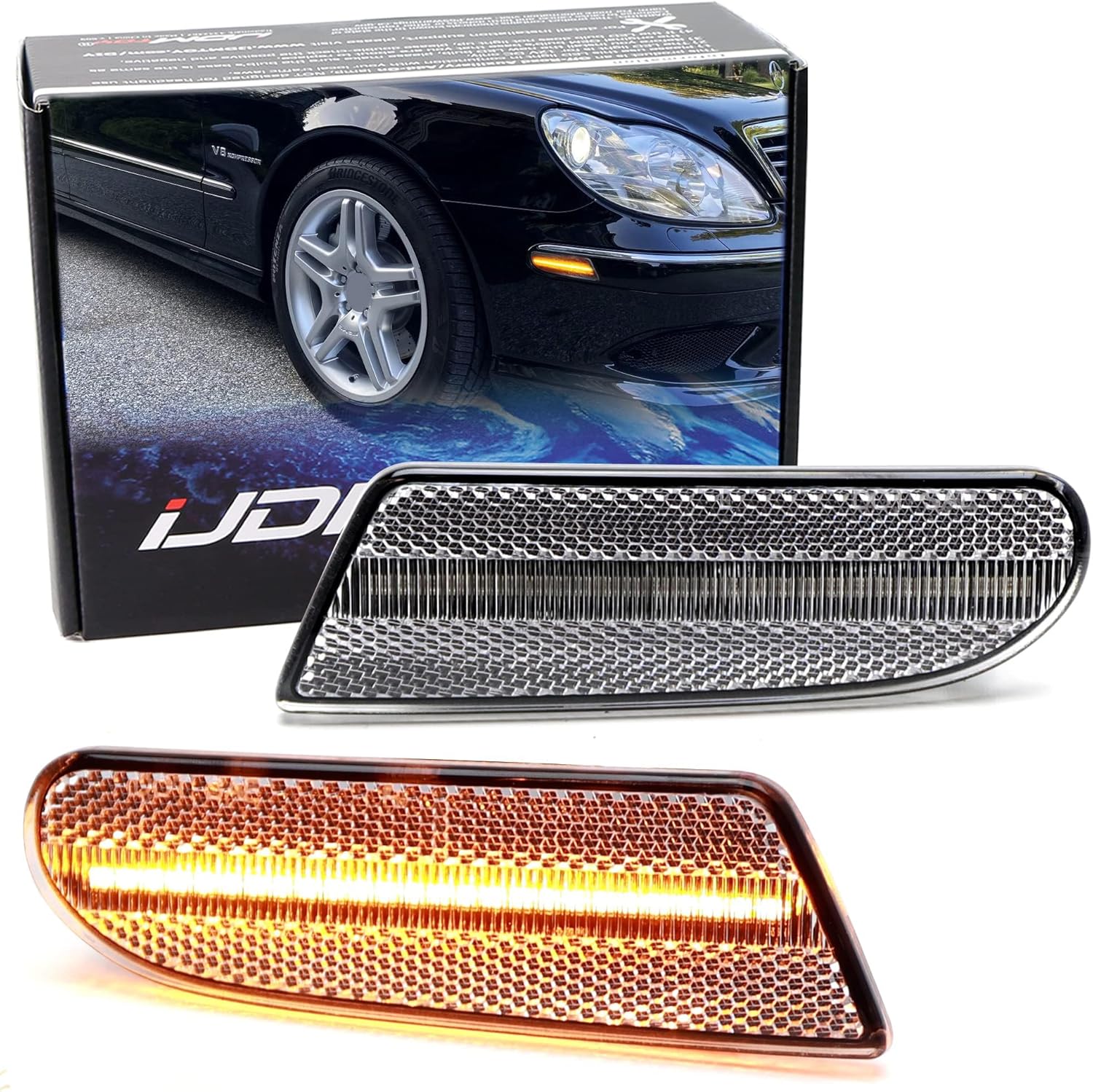 iJDMTOY Clear/White Lens Amber Full LED Strip Front Side Marker Light Assembly Compatible with 2000-2006 Mercedes W220 S-Class S350 S430 S500 S600 S55 AMG, Replace OEM Amber Sidemarkers