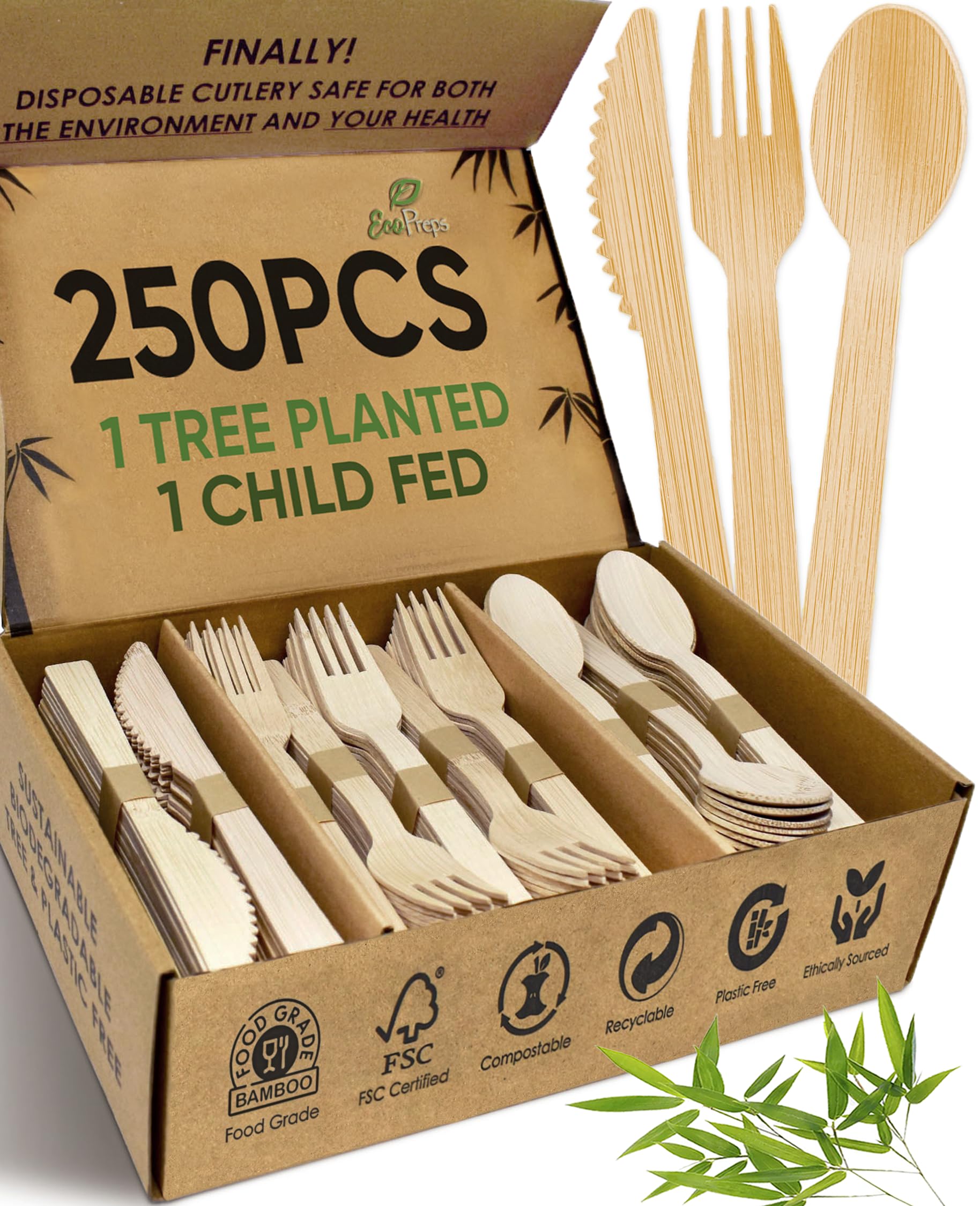 Amazon.com: EcoPreps 100% Compostable Bamboo Cutlery Set (250 PCS